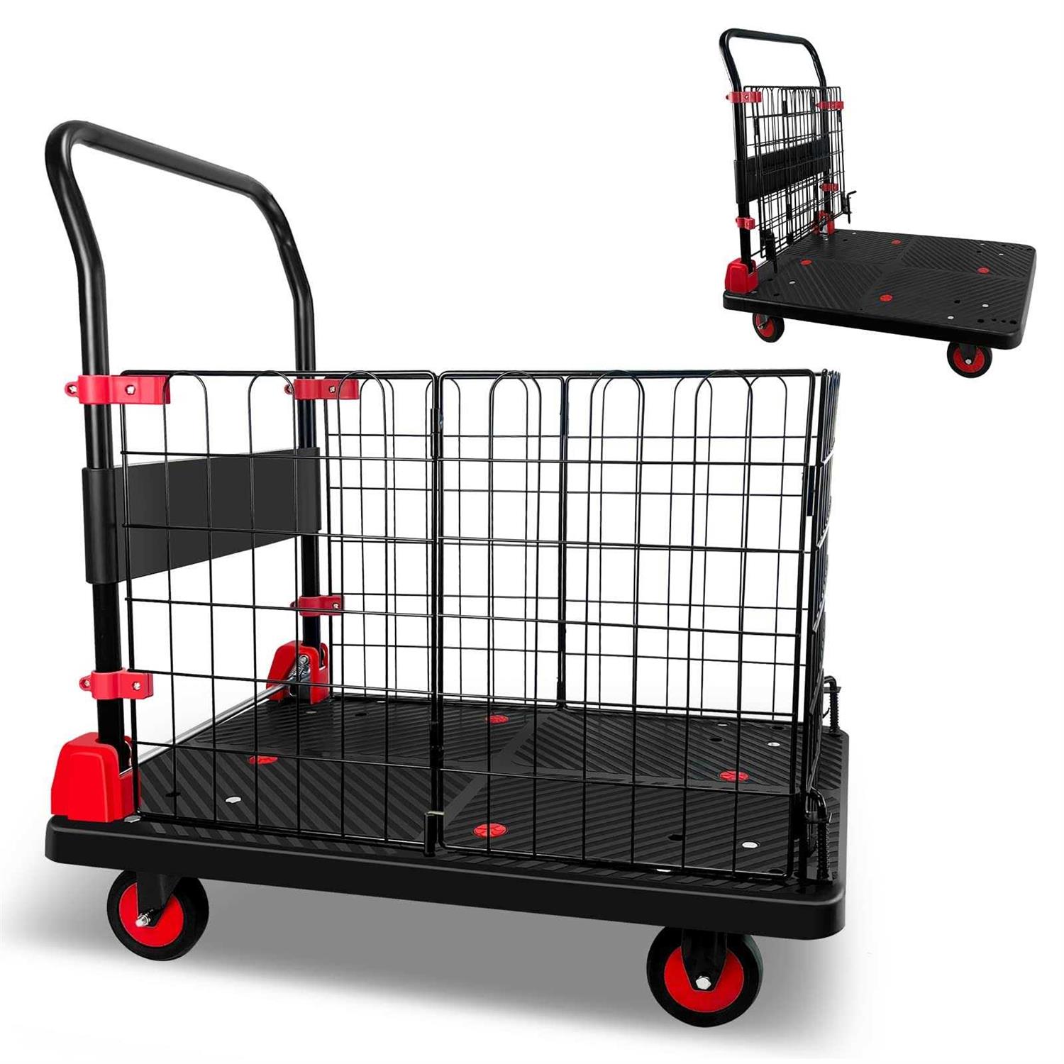 Platform Truck Cart with Cage Foldable Push Cart Dolly 880lb Capacity w/ 5'' TPR 360 Degree Swivel Wheels