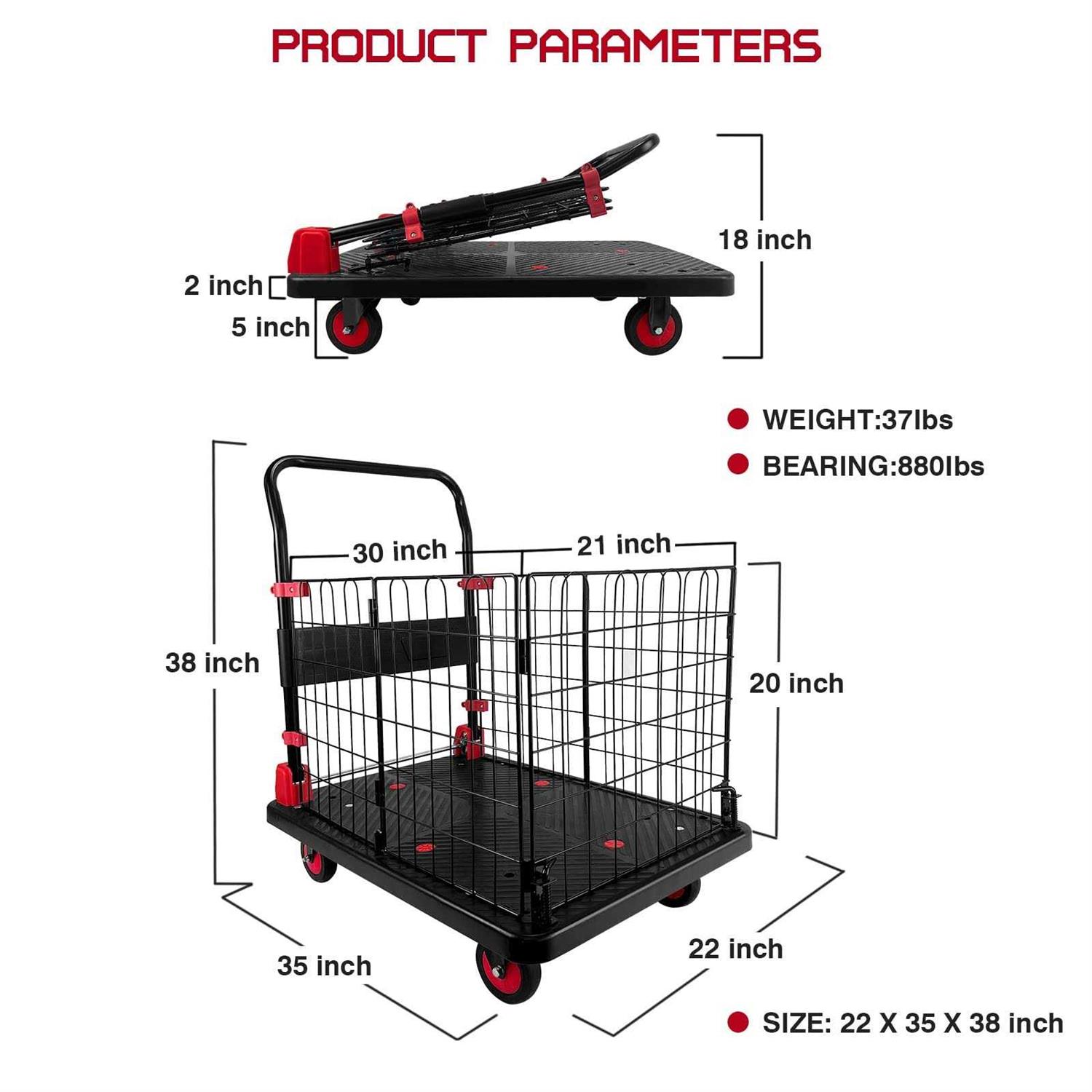 Platform Truck Cart with Cage Foldable Push Cart Dolly 880lb Capacity w/ 5'' TPR 360 Degree Swivel Wheels - Image 3