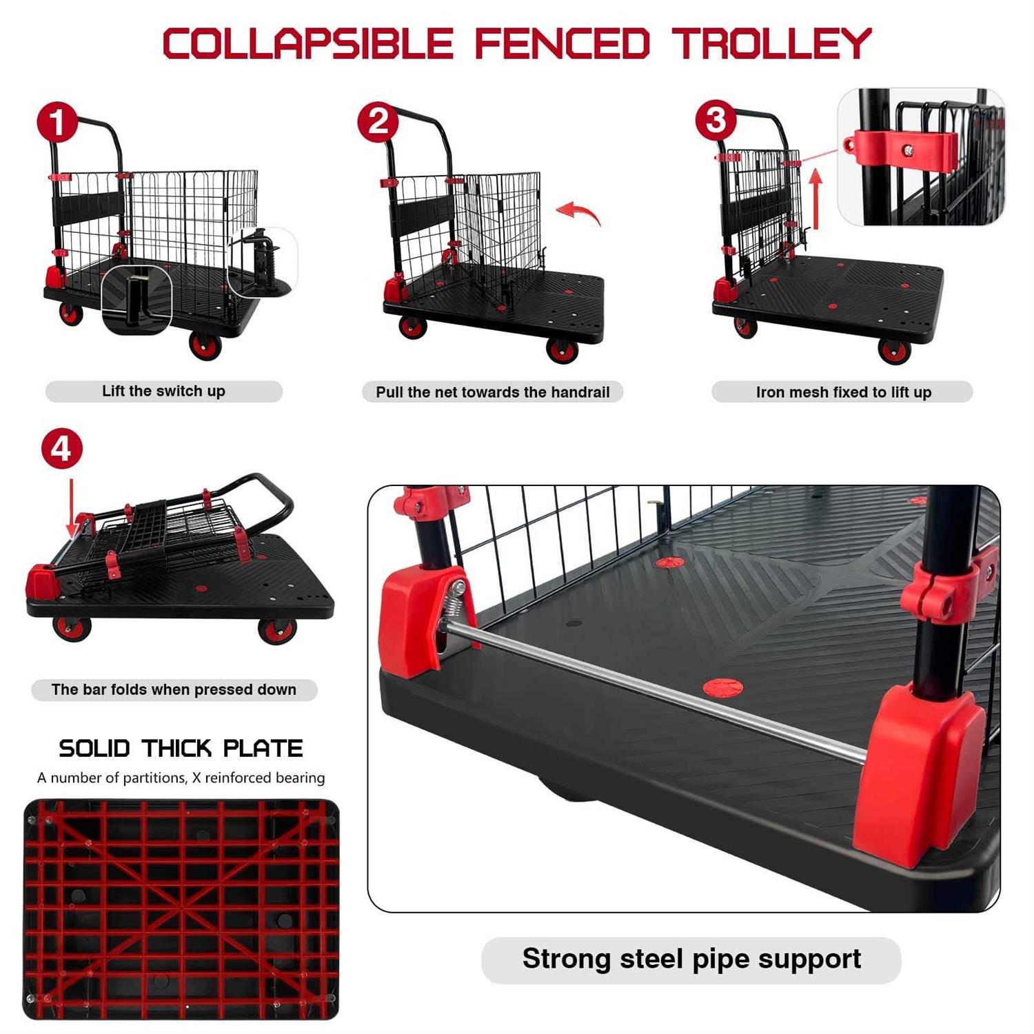 Platform Truck Cart with Cage Foldable Push Cart Dolly 880lb Capacity w/ 5'' TPR 360 Degree Swivel Wheels - Image 4