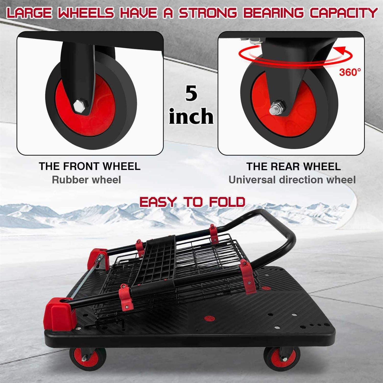 Platform Truck Cart with Cage Foldable Push Cart Dolly 880lb Capacity w/ 5'' TPR 360 Degree Swivel Wheels - Image 5