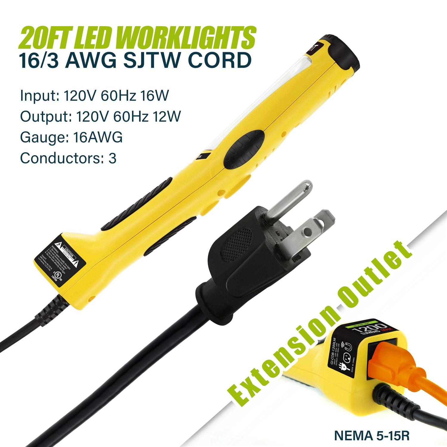 GearIT LED Work Light 1200 Lumen COB LED 16 Gauge SJTW Indoor/Outdoor NEMA 5-15R Extension Cord - Image 4