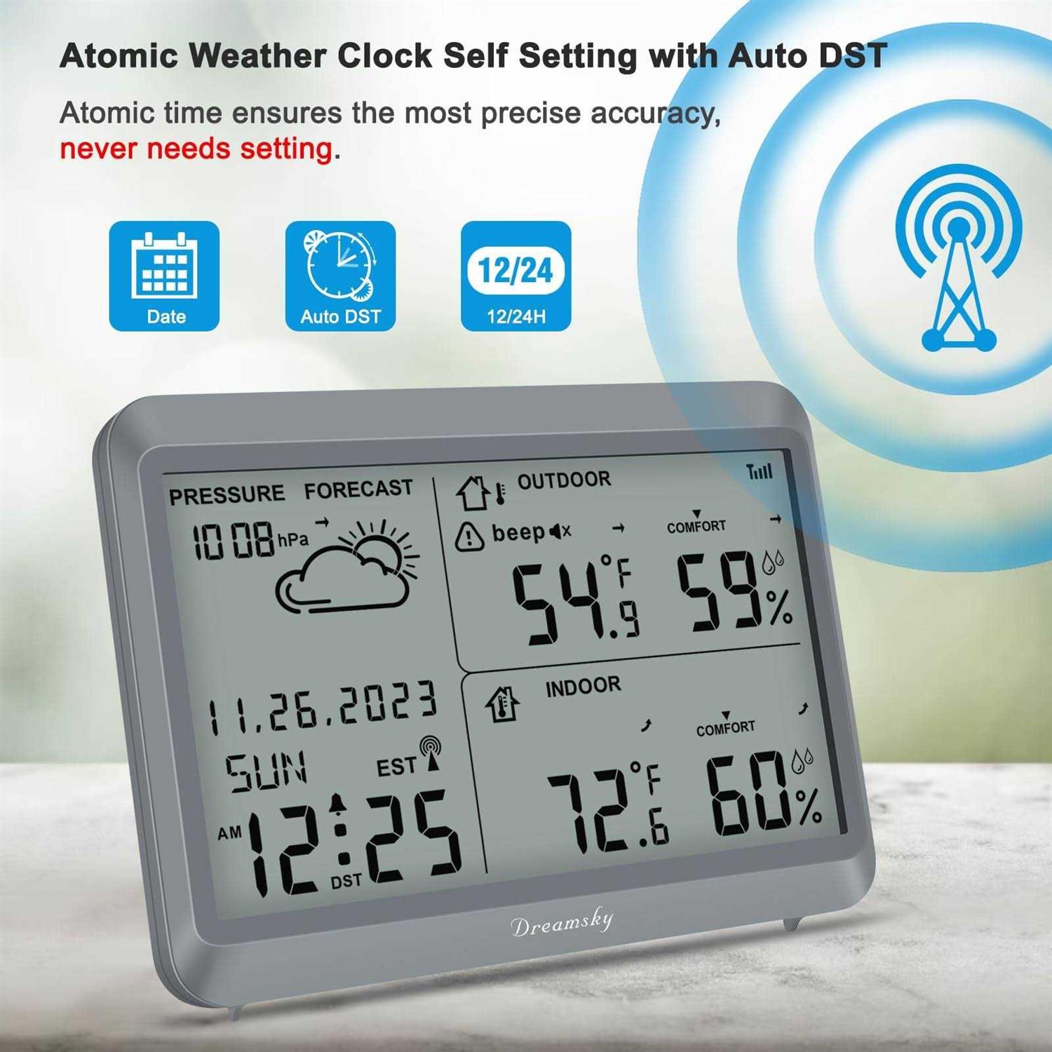DreamSky Weather Station Wireless Indoor Outdoor Thermometer Humidity Large Display Digital Atomic Weather Clock for Home - Image 5