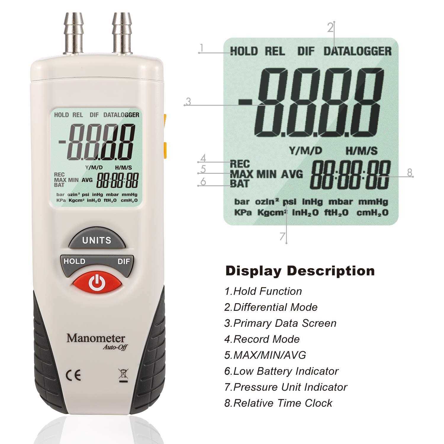 Hti-Xintai Digital Manometer Dual Port Air Pressure Meter Pressure Gauge HVAC Gas Tester - Image 3