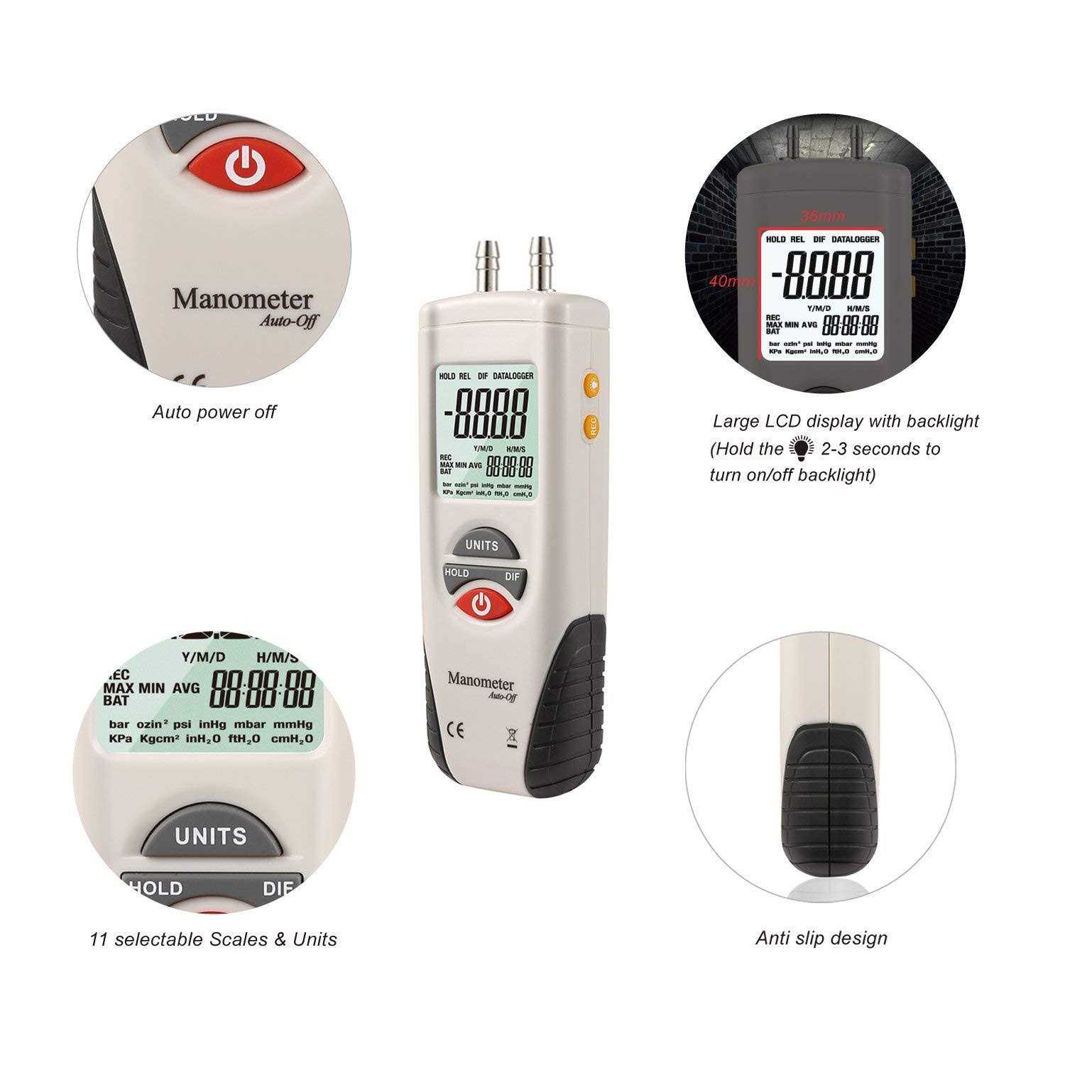 Hti-Xintai Digital Manometer Dual Port Air Pressure Meter Pressure Gauge HVAC Gas Tester - Image 4