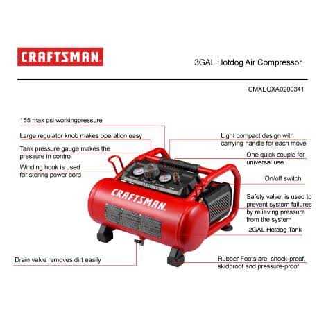 Craftsman 3 gal Horizontal Portable Air Compressor 155 psi 1.5 HP - Image 5