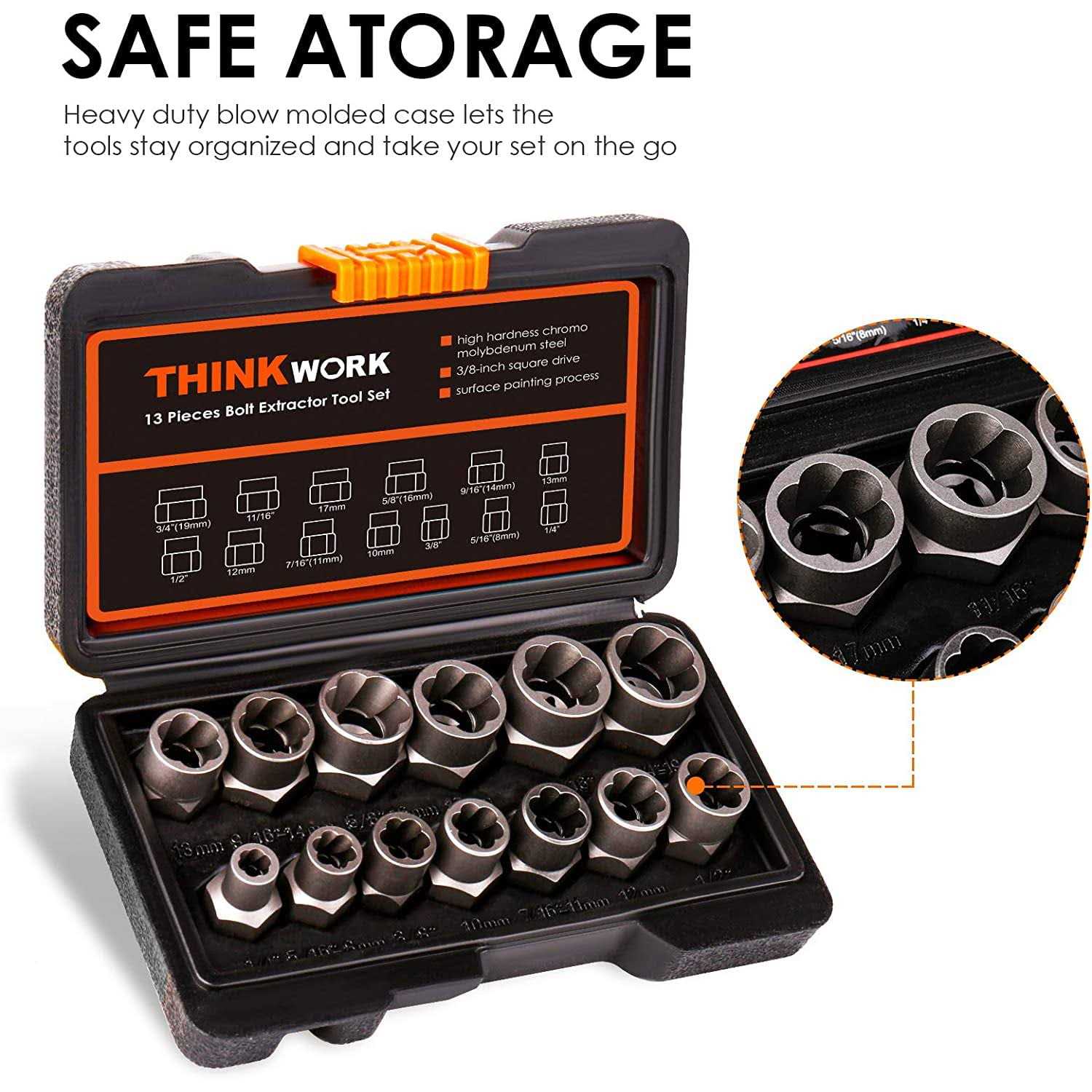 Bolt Extractor Set 13+1 Pieces Impact Bolt & Nut Remover Set Made by THINKWORK TW6008 - Image 5