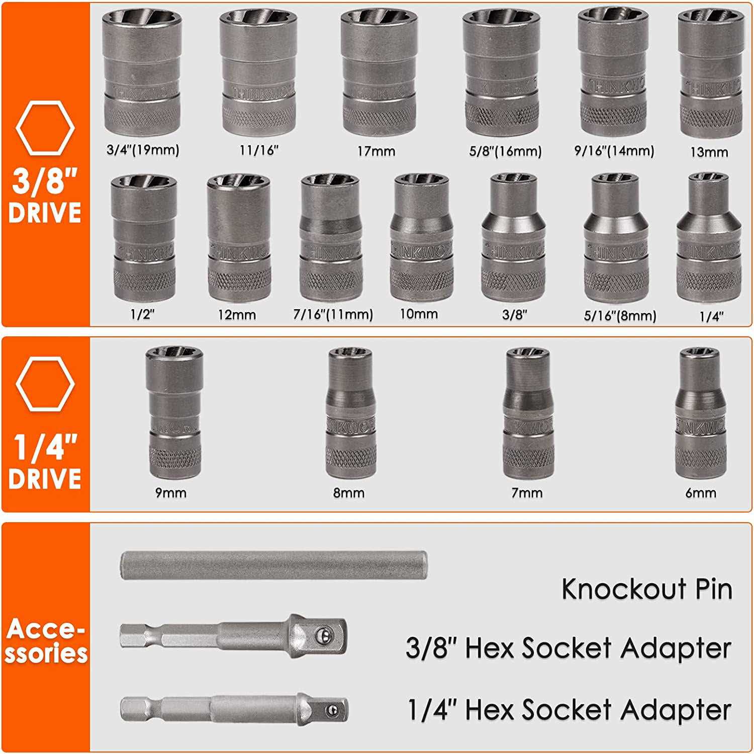 Bolt Extractor Set 13+1 Pieces Impact Bolt & Nut Remover Set Made by THINKWORK TW6008 - Image 3