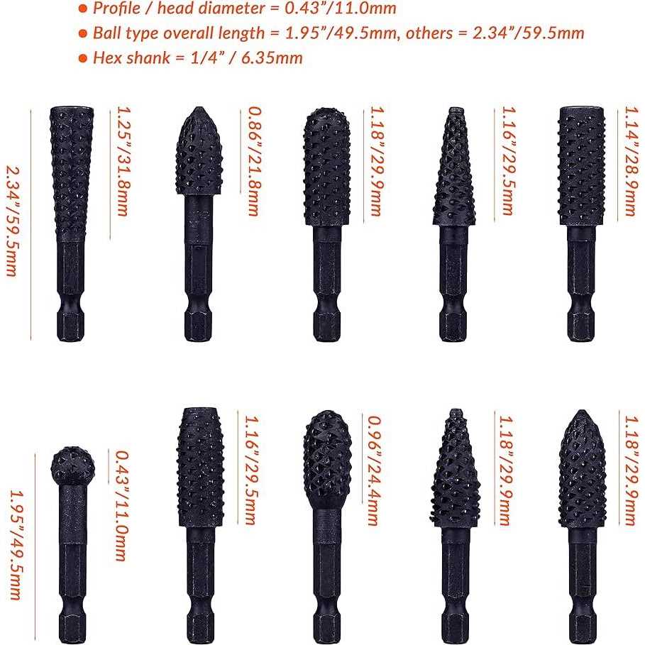 NordWolf 10-Piece Rotary Burr Wood Carving Rasp Files Set, with 1/4 Hex Shank for Wood & Rubber Deburring, Shaping and Grooving - Image 5