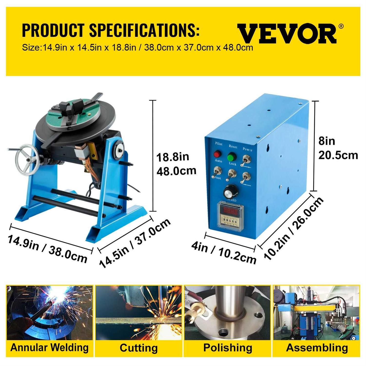 VEVOR Rotary Welding Positioner 30KG Welder Turntable Table 0-90o Positioning Turntable 1-15 RPM Welder Positioning Machine w/ 310mm 3-Jaw Lathe - Image 5