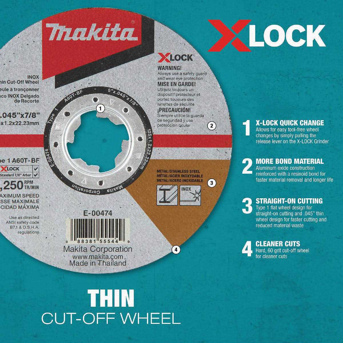 Makita E-00474 x-LOCK 5 x .045 x 7/8 Type 1 General Purpose 60 Grit Thin Cut-Off Wheel for Metal and Stainless Steel Cutting - Image 4