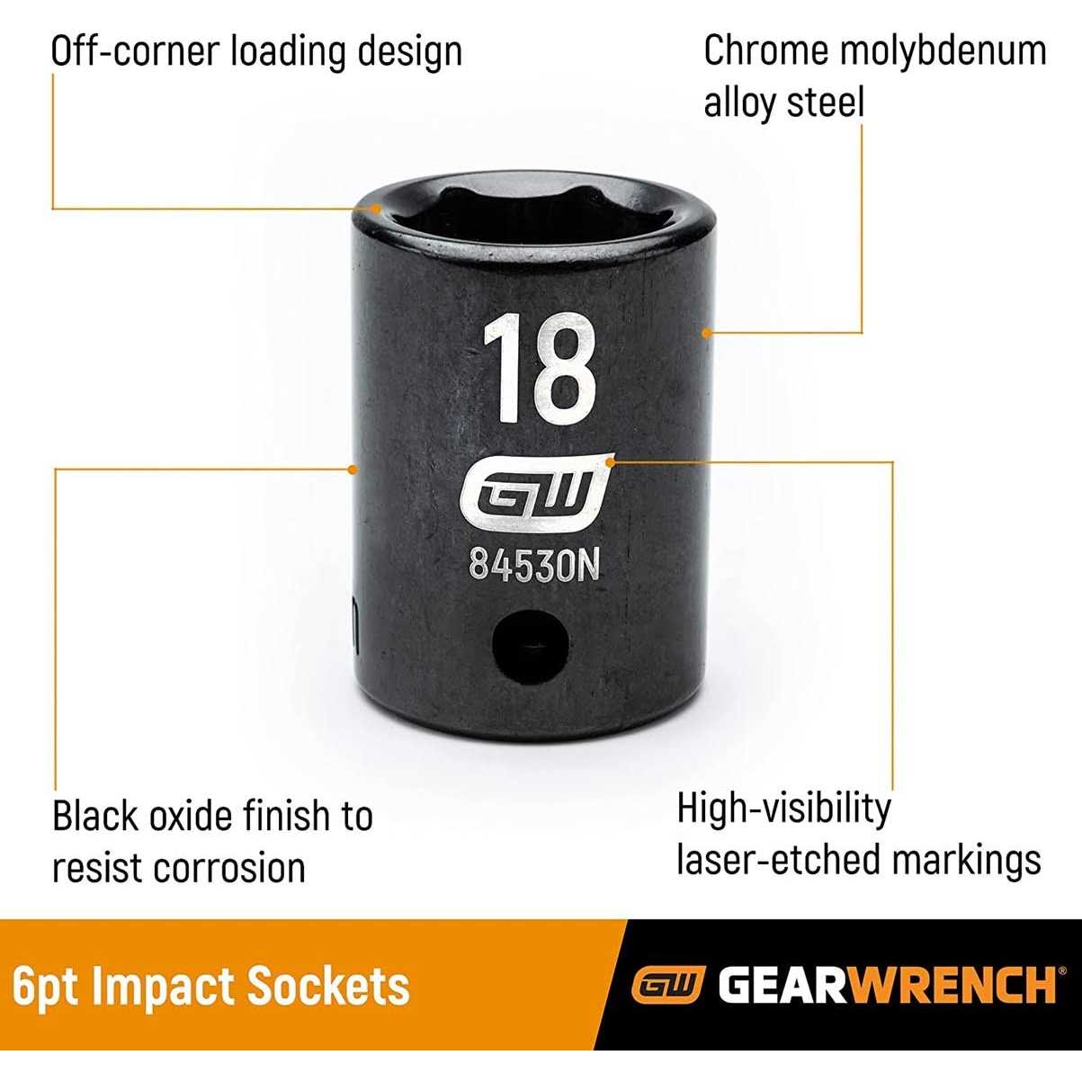 GearWrench 84530N 1/2 Drive 6-Point 18mm Standard Impact Socket - Image 4