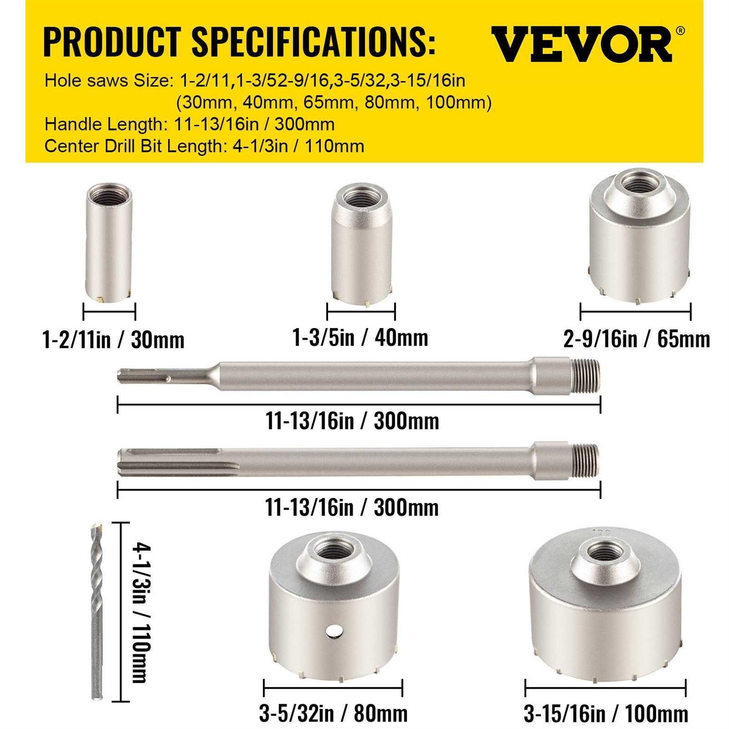 VEVOR Concrete Hole Saw Kit Wall Hole Opener 30-100mm Sds Plus or Sds Max Shank - Image 3