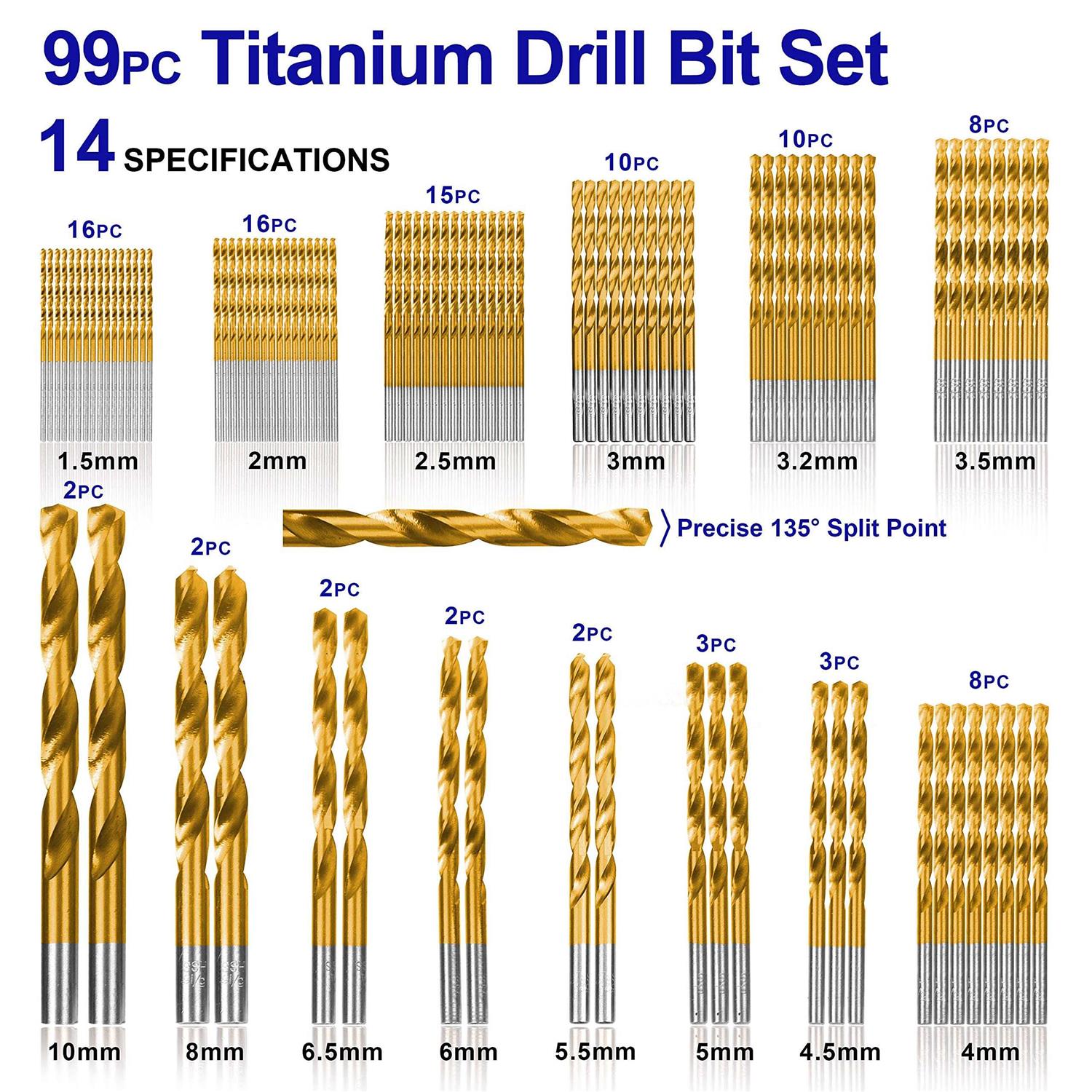 Metric 99 Pieces Titanium Twist Drill Bit Set 135° Tip High Speed Steel - Image 5