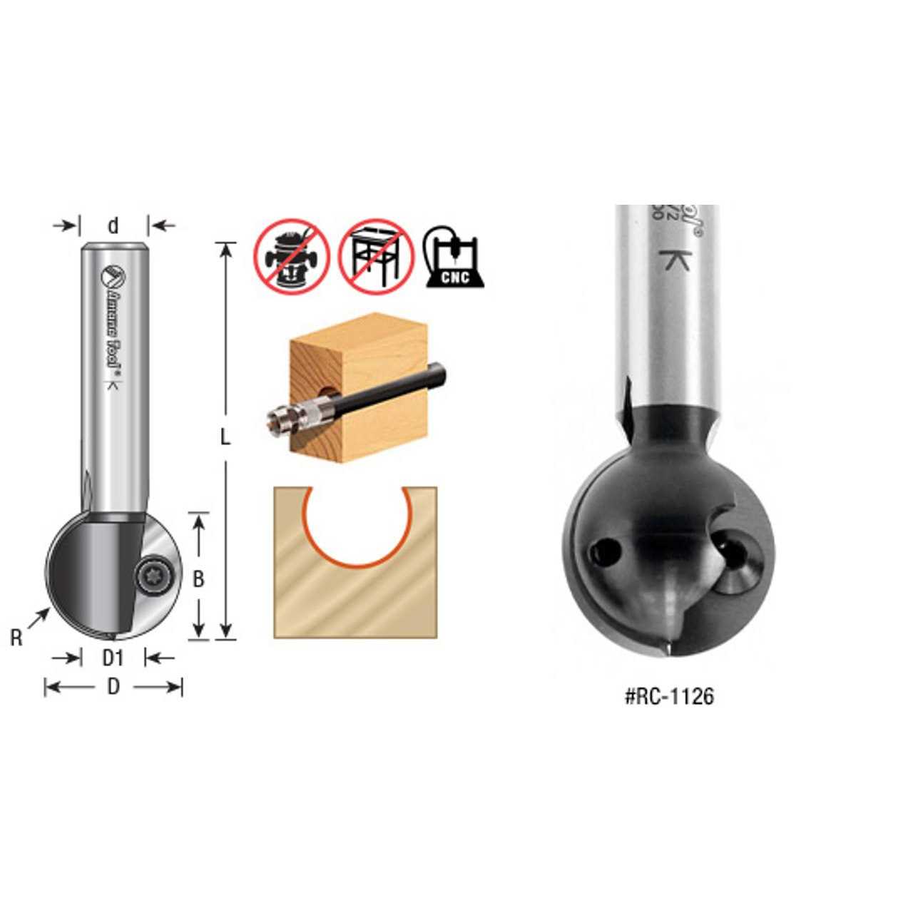 Amana Tool RC-1126 Carbide Tipped CNC Ball End Insert Router Bit 1/2 R x 1 Inch D x 1/2 CH x 1/2 SHK - Image 4
