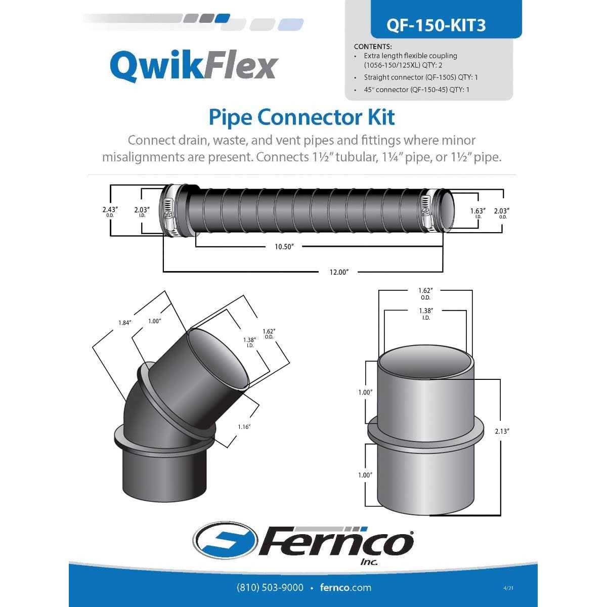 Fernco QwikFlex Flexible Pipe Connector Kit for Offset or Hard To Reach 1-1/2-in. SCH40 PVC DWV Connections - Image 4