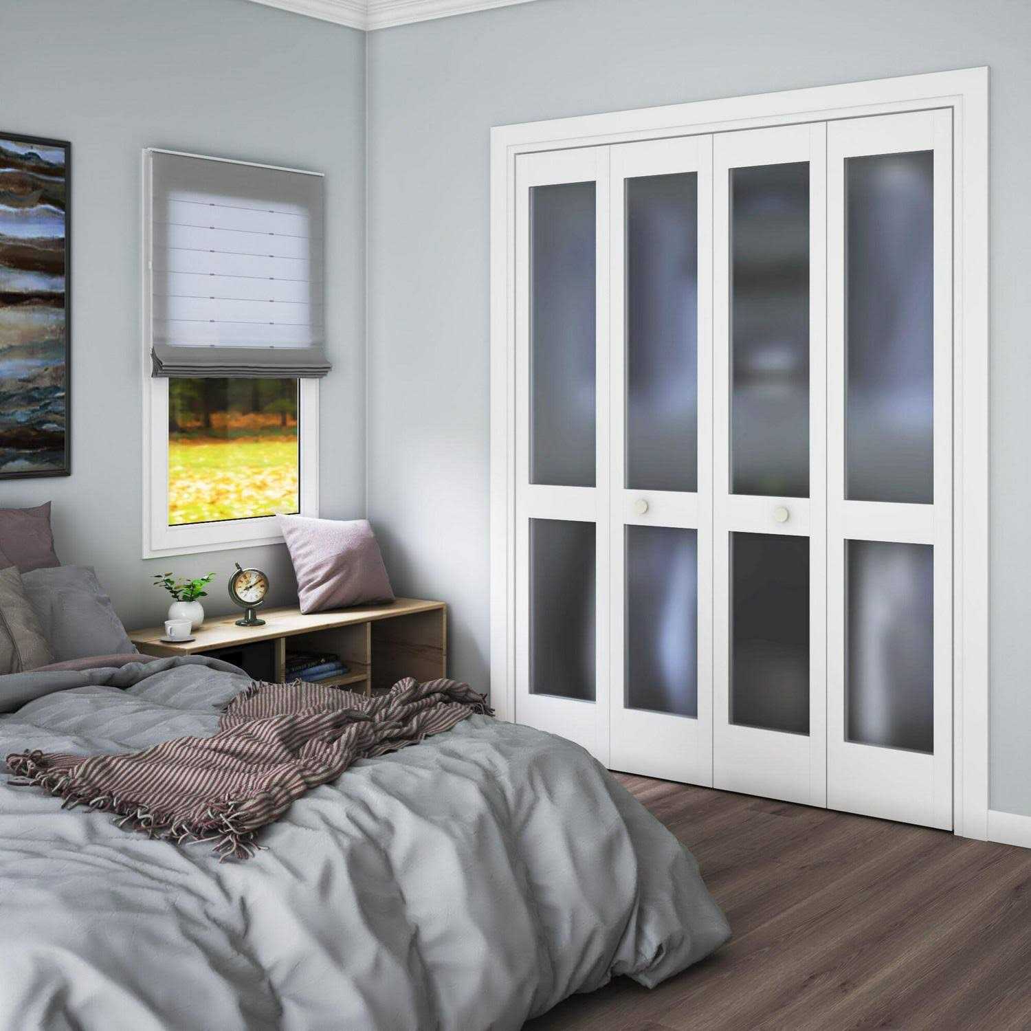 EightDoors 80 in. x 1-3/8 in. Frosted Glass 2-Lite Shaker Primed Solid Core Wood White Bi-Fold Door with Hardware Included - Image 5