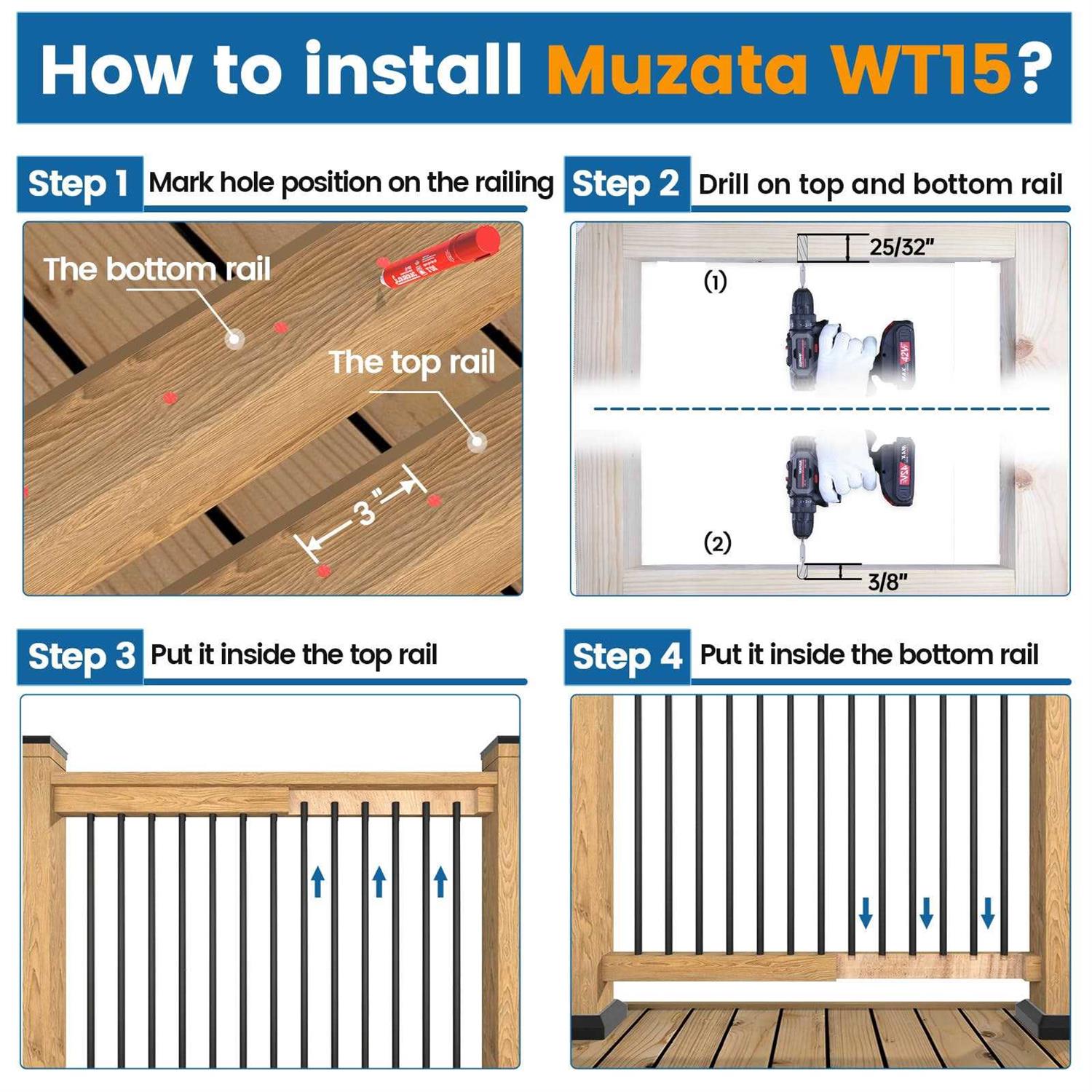 Muzata 32 Round Black Aluminum 3/4 Hollow Deck Balusters - Image 3