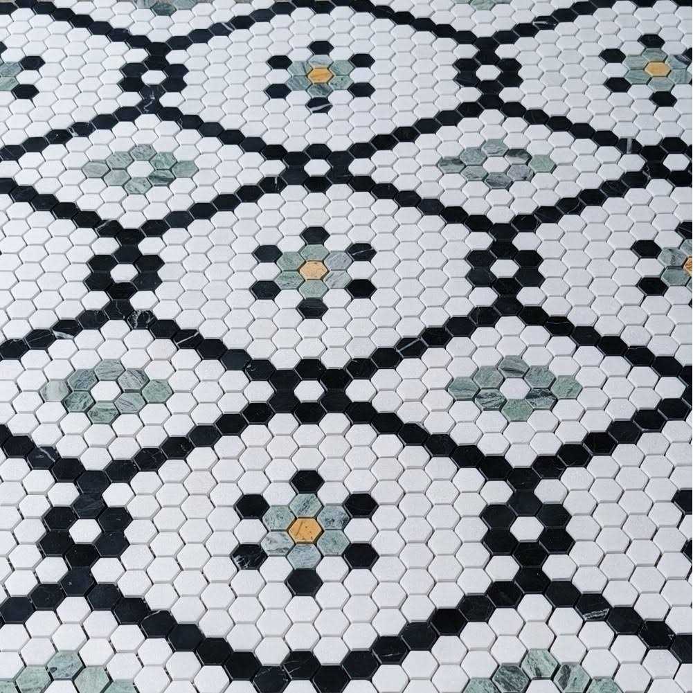 Marble Online Hexagon Snowflake Thassos White Marble Mosaic Tile Black Green Gold - Image 3