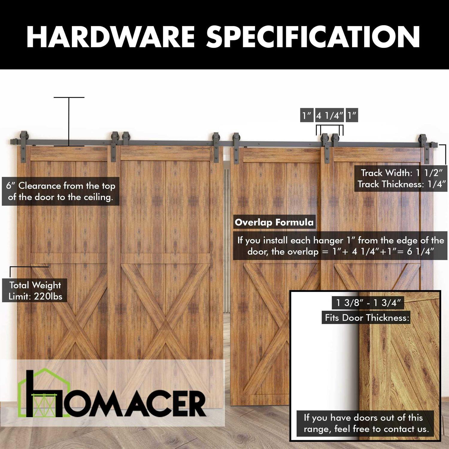 Homacer Single Track Bypass Sliding Barn Door Hardware Kit - Image 3