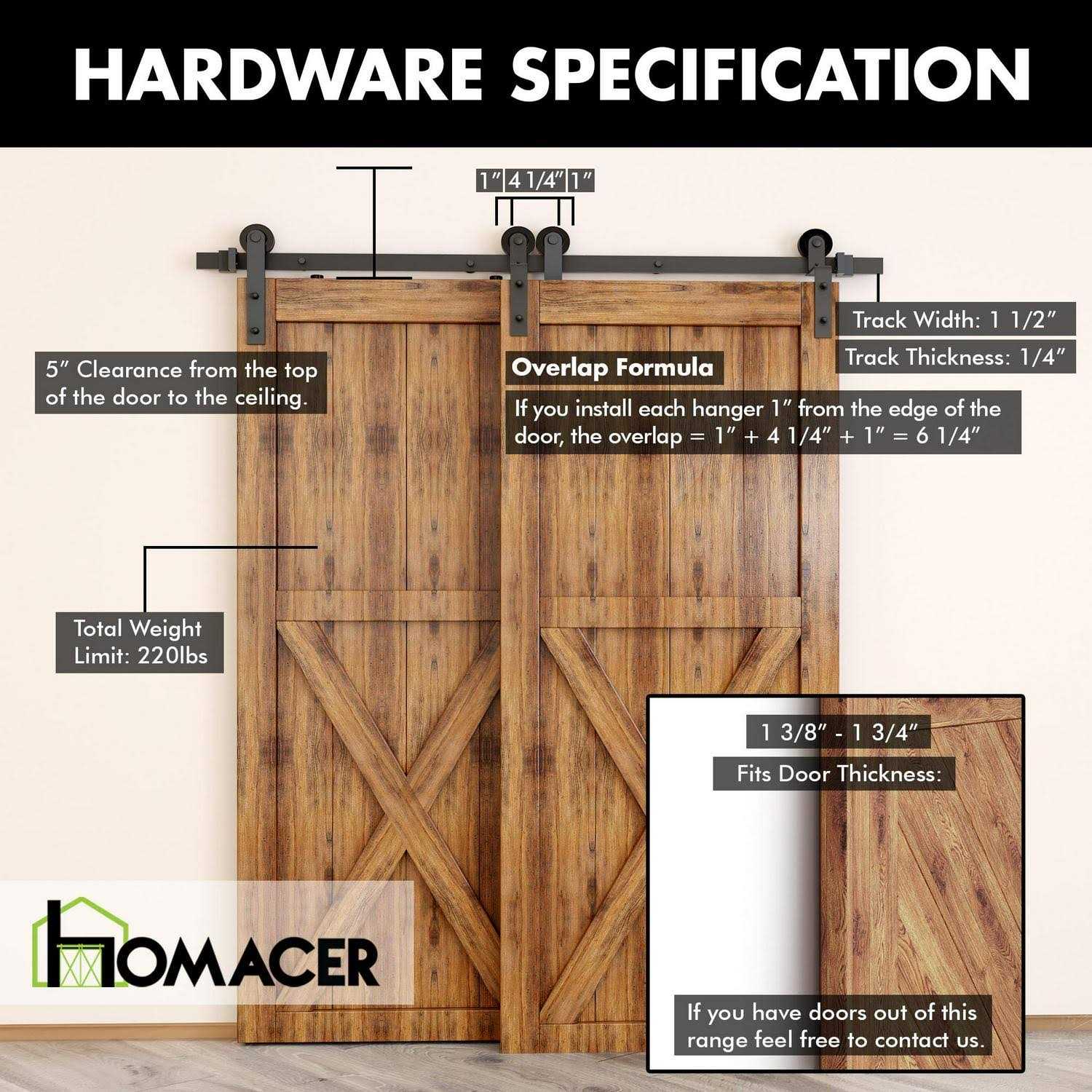 Homacer Black Rustic Single Track Bypass Sliding Barn Door Hardware Kit Straight Design Roller for Double Doors - Image 3
