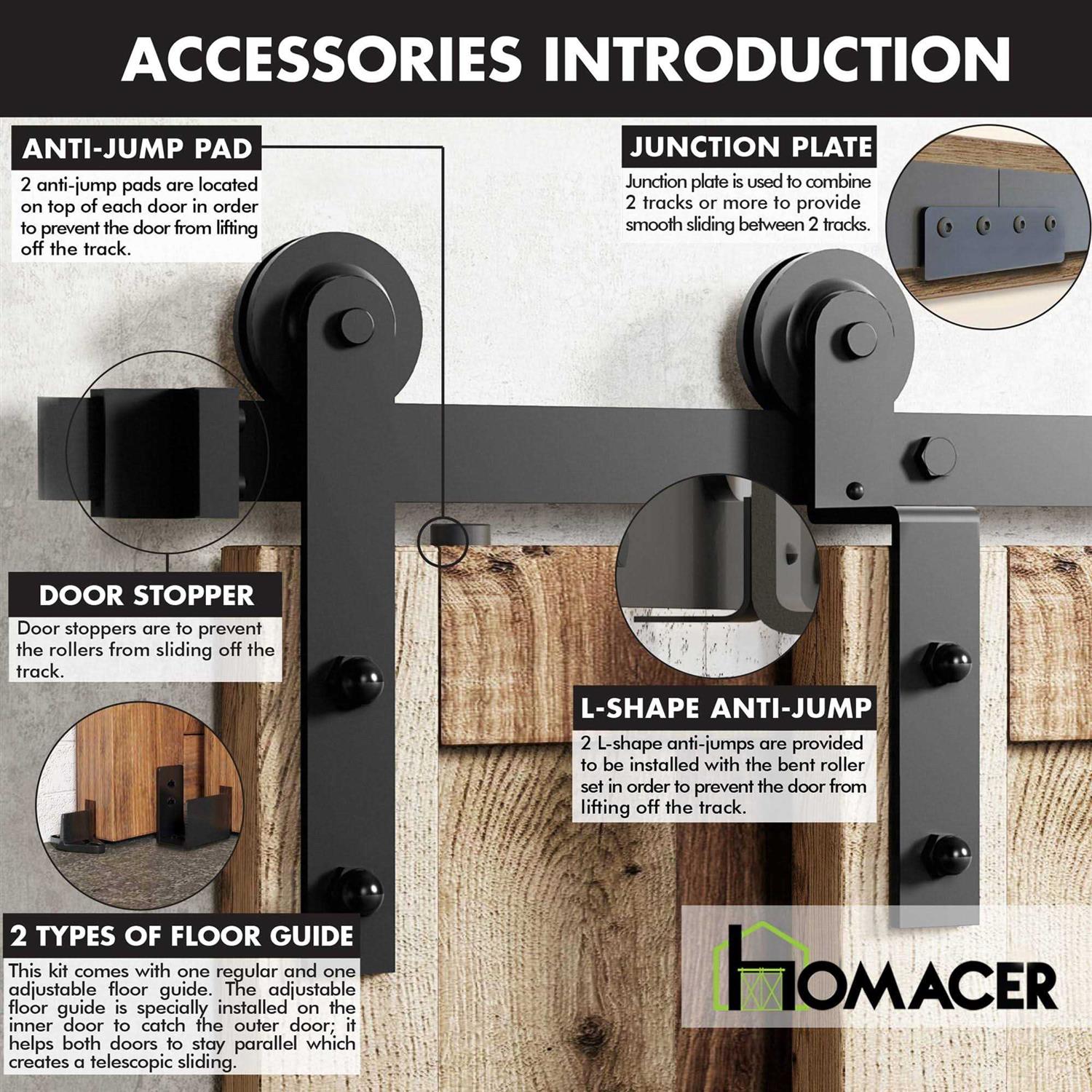 Homacer Black Rustic Single Track Bypass Sliding Barn Door Hardware Kit Straight Design Roller for Double Doors - Image 4