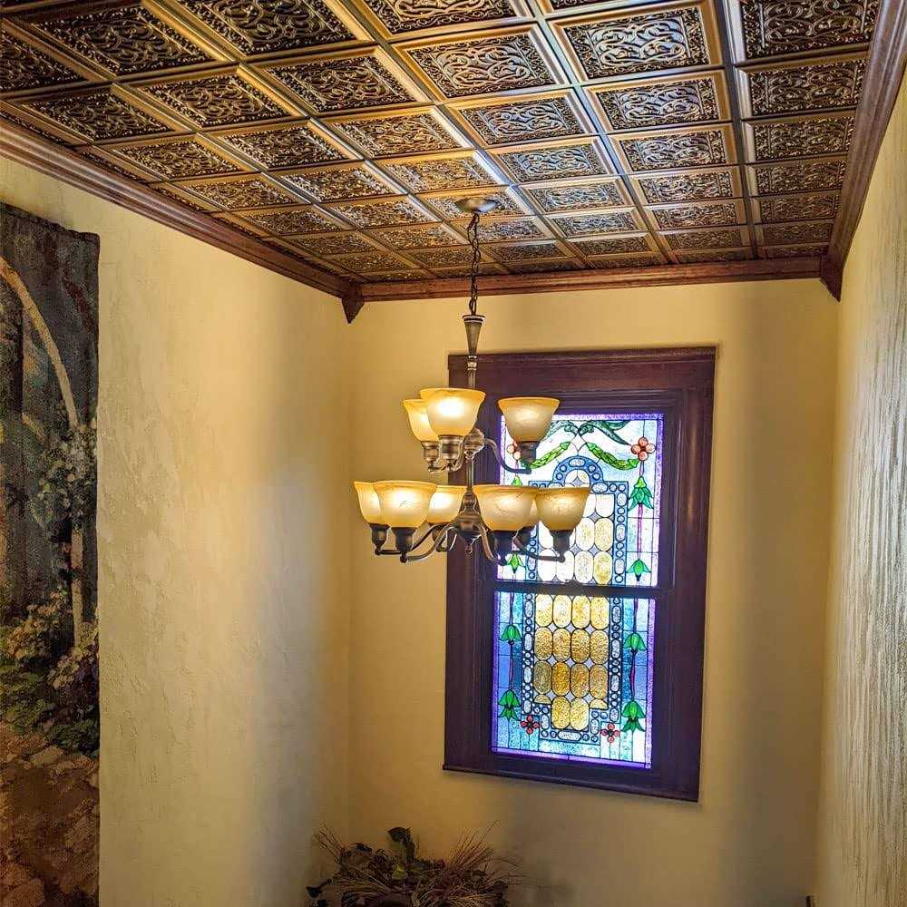 FROM PLAIN TO BEAUTIFUL IN HOURS 231-Lover's Knot 2 ft. x 2 ft. PVC Glue-Up Ceiling Tile In Antique - Image 4