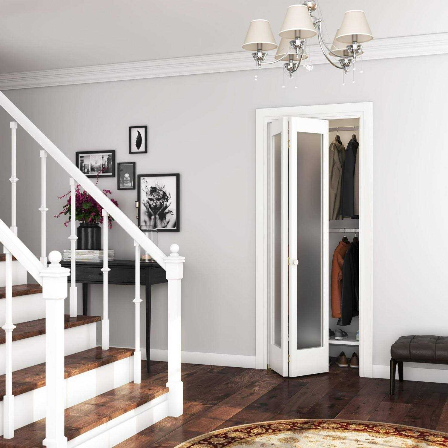 EightDoors 80 in. x 1-3/8 in. Frosted Glass 1-Lite Shaker Primed Solid Wood Core Bi-Fold Door with Hardware Included - Image 3