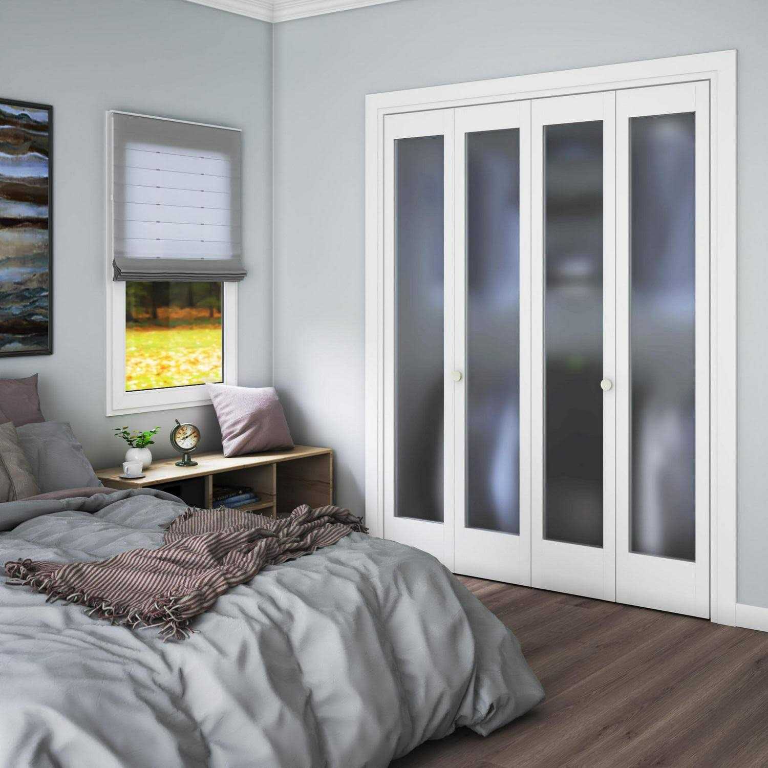 EightDoors 80 in. x 1-3/8 in. Frosted Glass 1-Lite Shaker Primed Solid Wood Core Bi-Fold Door with Hardware Included - Image 4