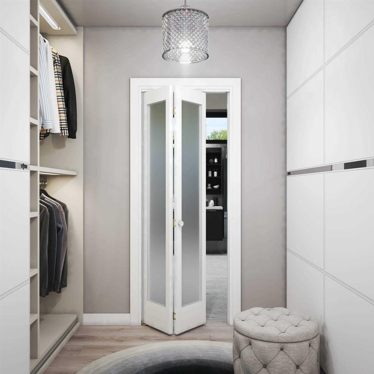 EightDoors 80 in. x 1-3/8 in. Frosted Glass 1-Lite Shaker Primed Solid Wood Core Bi-Fold Door with Hardware Included - Image 5