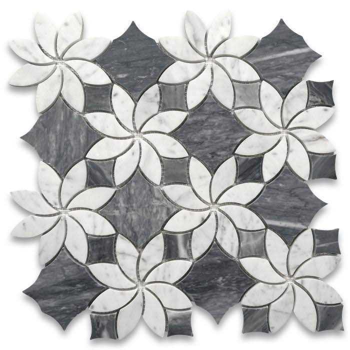 Marble Online Carrara White Gray Marble Iceflower Blossom Waterjet Mosaic Tile Honed - Image 4
