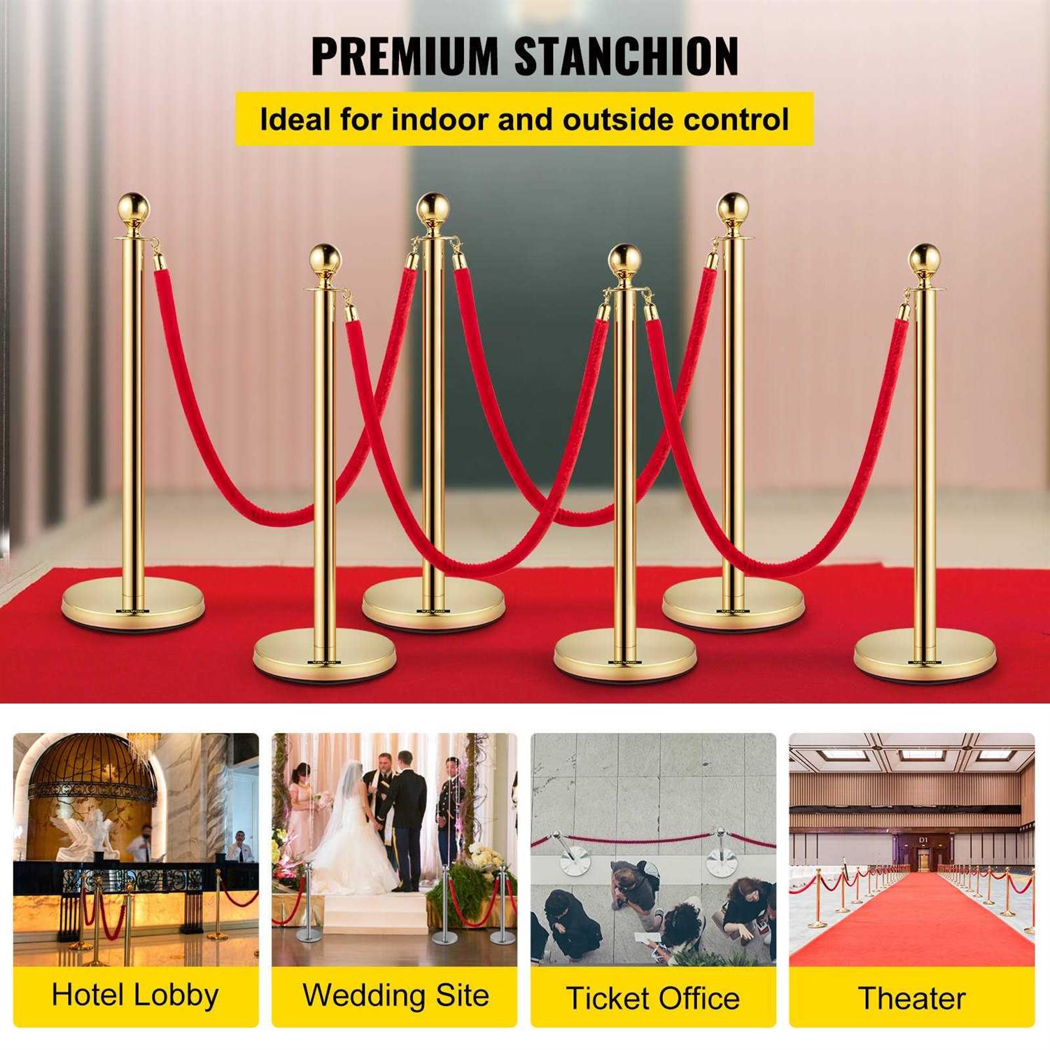 VEVOR 6 Pieces Red Rope Stanchion Silver Post Crowd Control Queue Line Barrier GLZJS1.5M4RS6JTZHV0 - Image 4