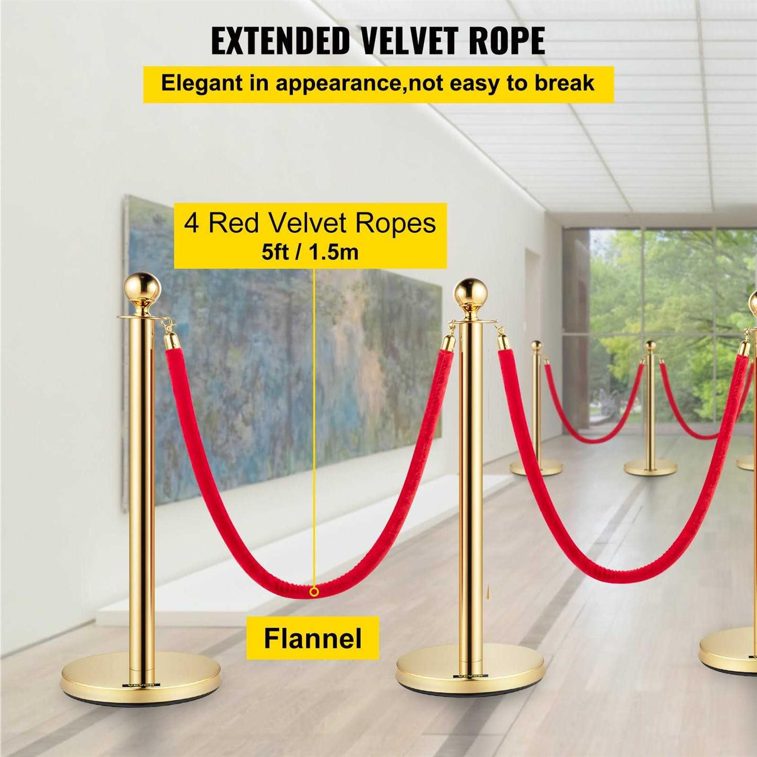 VEVOR 6 Pieces Red Rope Stanchion Silver Post Crowd Control Queue Line Barrier GLZJS1.5M4RS6JTZHV0 - Image 5