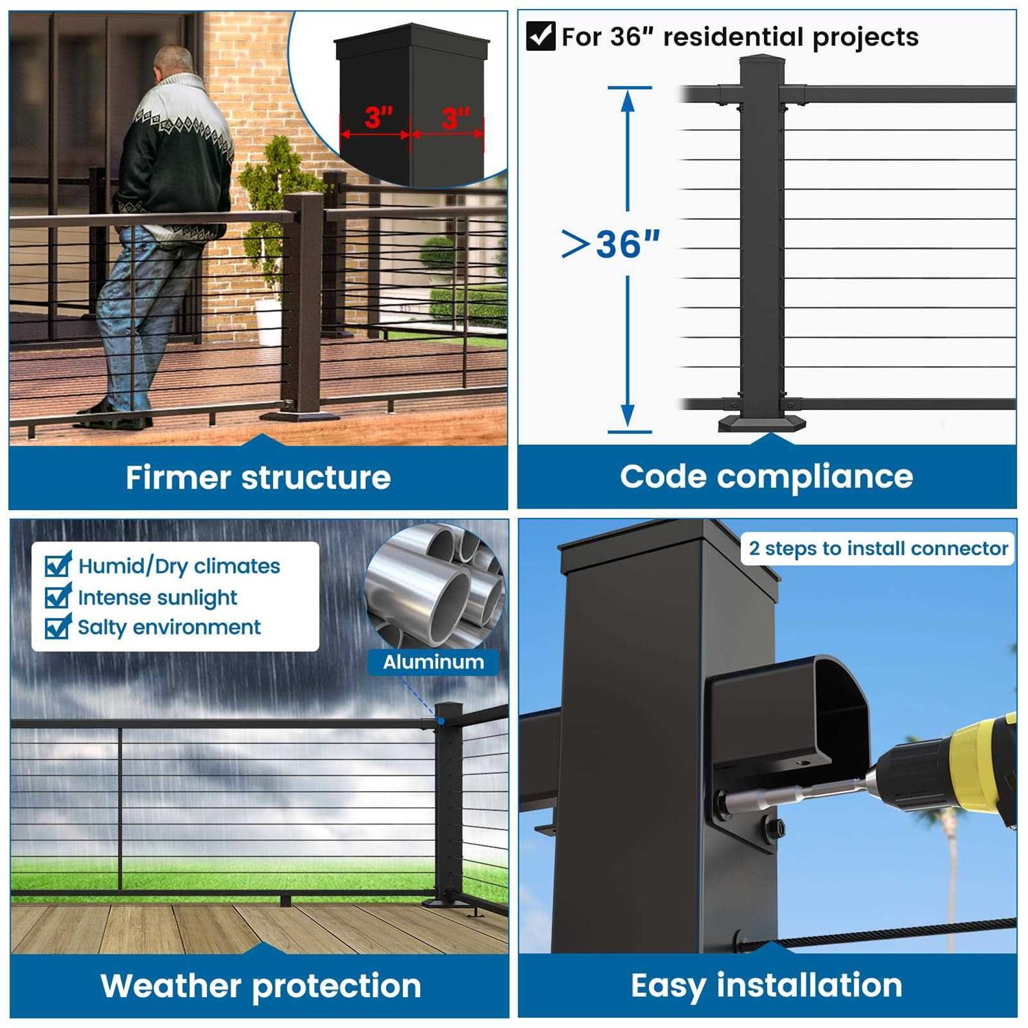 Muzata 39x3x3 Black Aluminum Undrilled Top Mount Post - Image 3