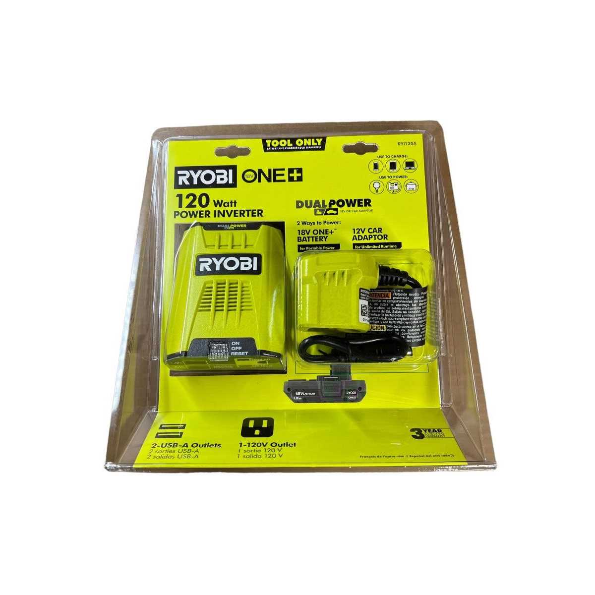 Ryobi ONE+ 18V 120-Watt 12V Automotive Power Inverter with Dual USB Ports