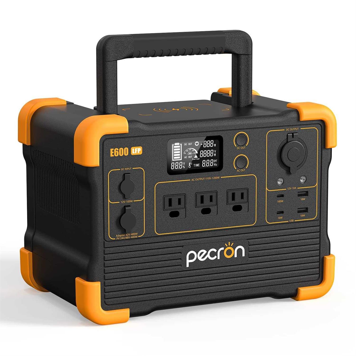 pecron Portable Power Station E600lfp 614Wh Solar Generator Power Station with 3X1200W AC Outlets 100W USB-C PD Output LiFePO4 Battery Backup