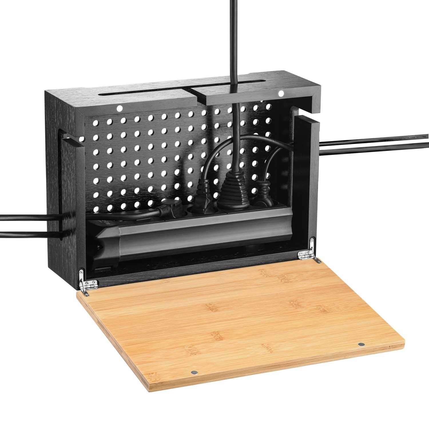 Cable Management Box with Magnetic Bamboo Lid & Cable Ties Elegant, Durable Cable Organizer Box to Hide Cords and Power Strip - Image 3