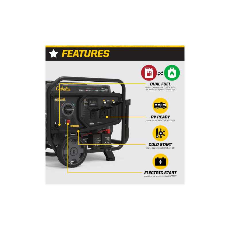 Cabela's Outdoorsman Series 5,000W/4,000W RV-Ready Dual-Fuel Portable Generator with Electric Start and CO Shield - Image 5