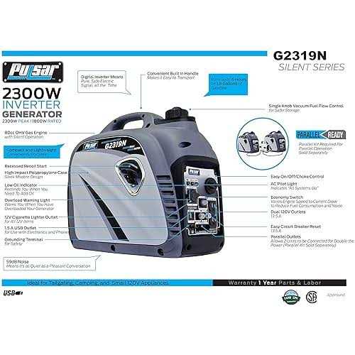 Pulsar G2319N 2,300W Portable Gas-Powered Inverter Generator with USB Outlet & Parallel Capability - Image 4