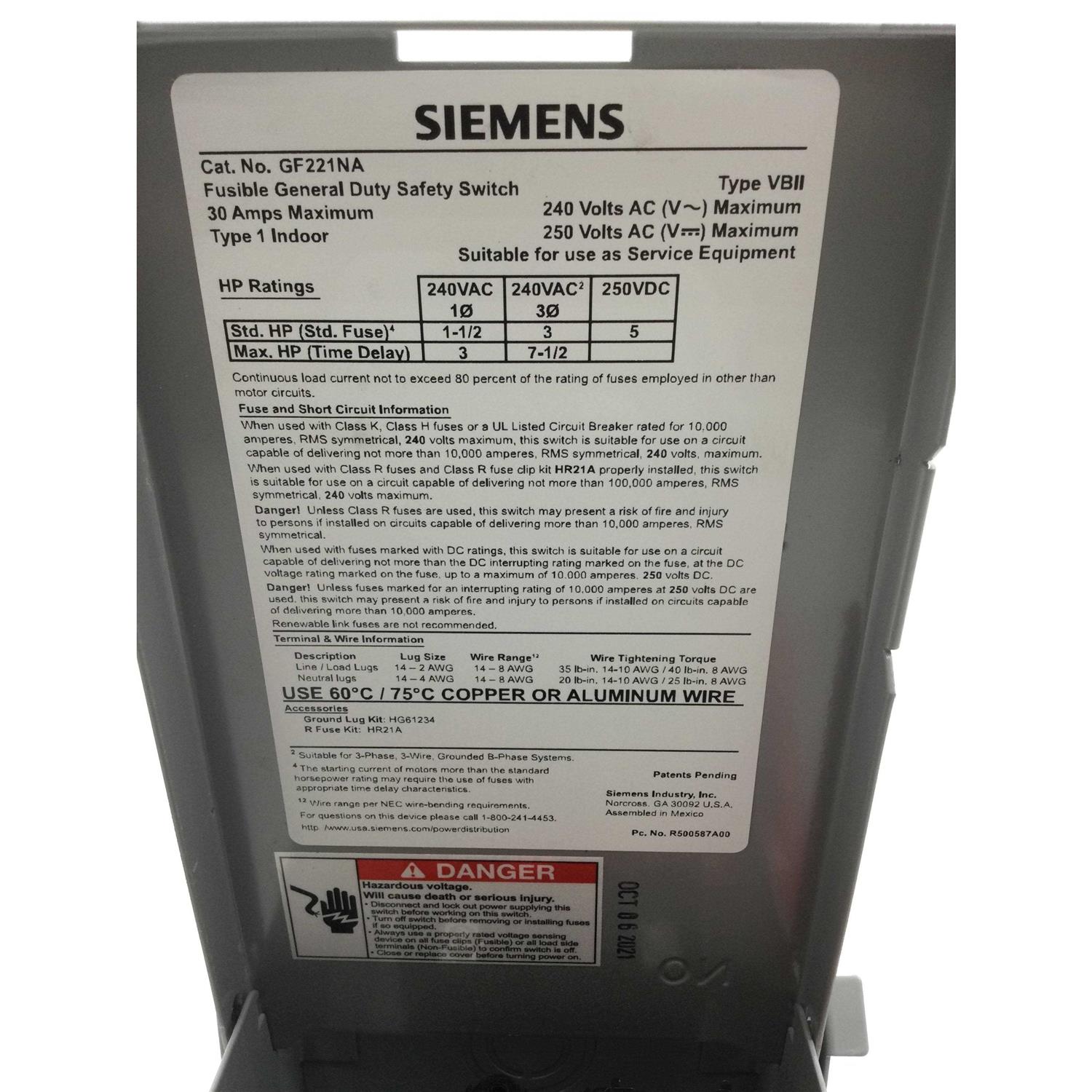 Siemens 30 Amp 2-Pole Fusible General-Duty Safety Switch Disconnect gf221nau - Image 4