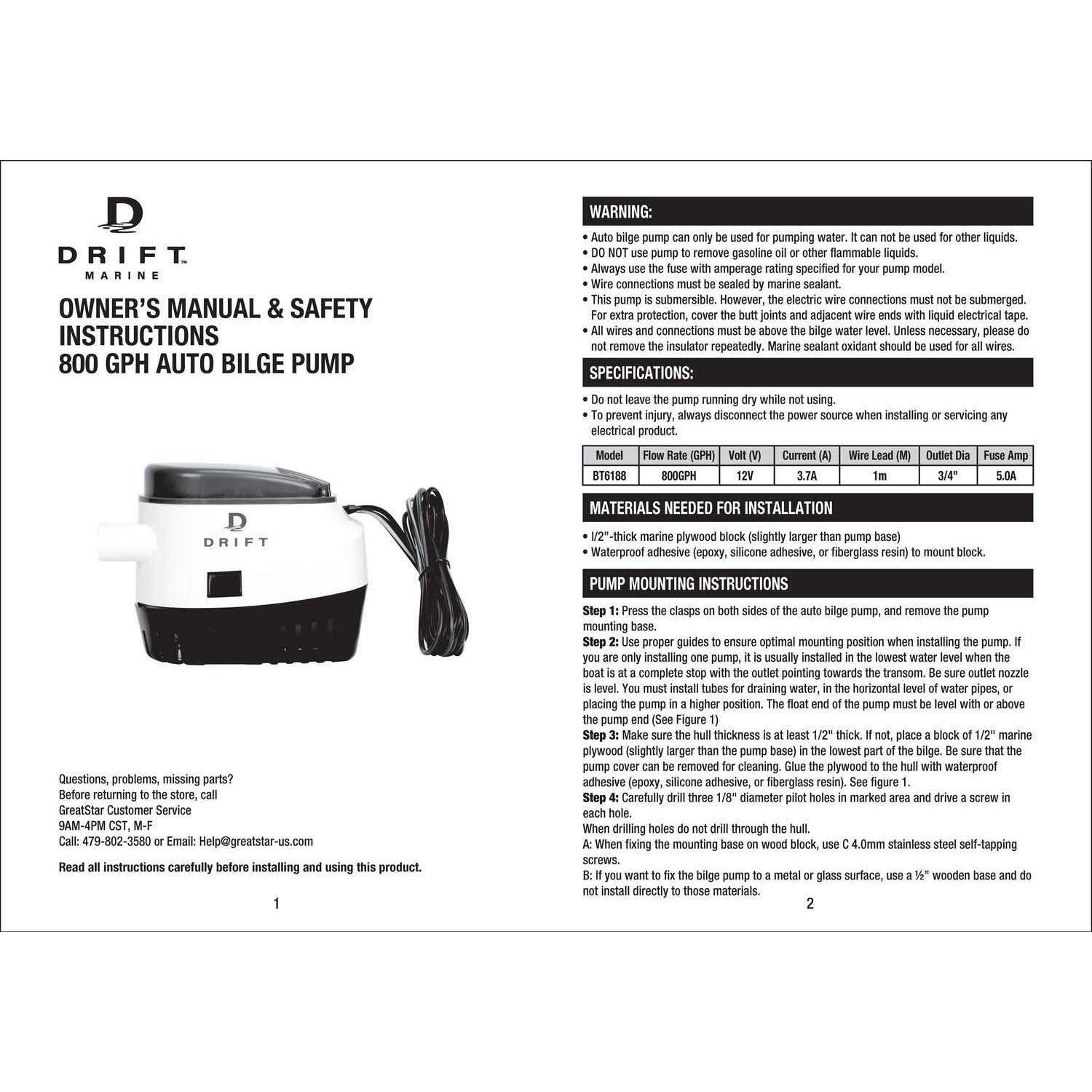 Drift Innovation 800GPH Bilge Pump with Automatic Switch - Image 4
