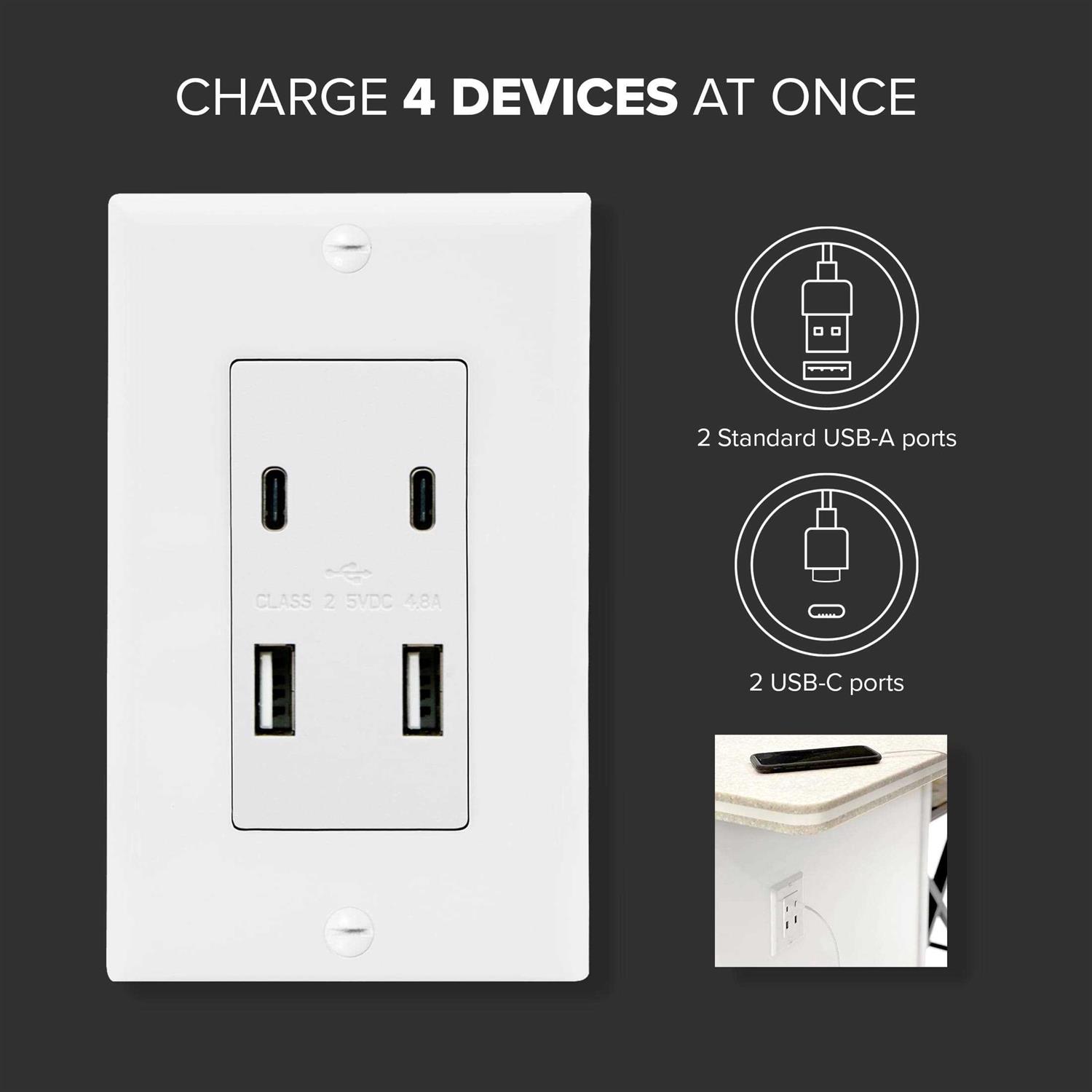 Maxxima USB Receptacle Outlet 4.8A USB C/A High Speed 4 USB Wall Charger Ports - Image 4