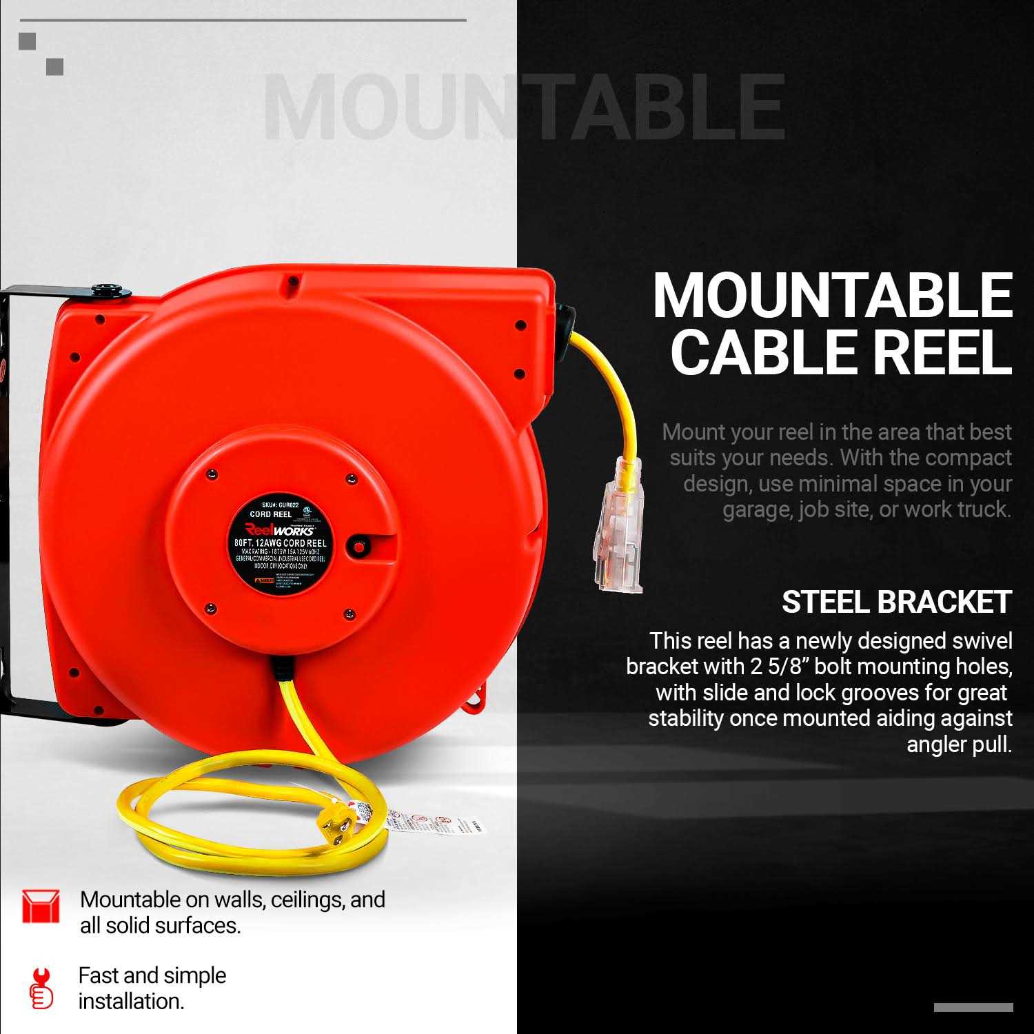 ReelWorks Extension Cord Reel Retractable 12awg x 80' Foot TRI-GUR022 - Image 2