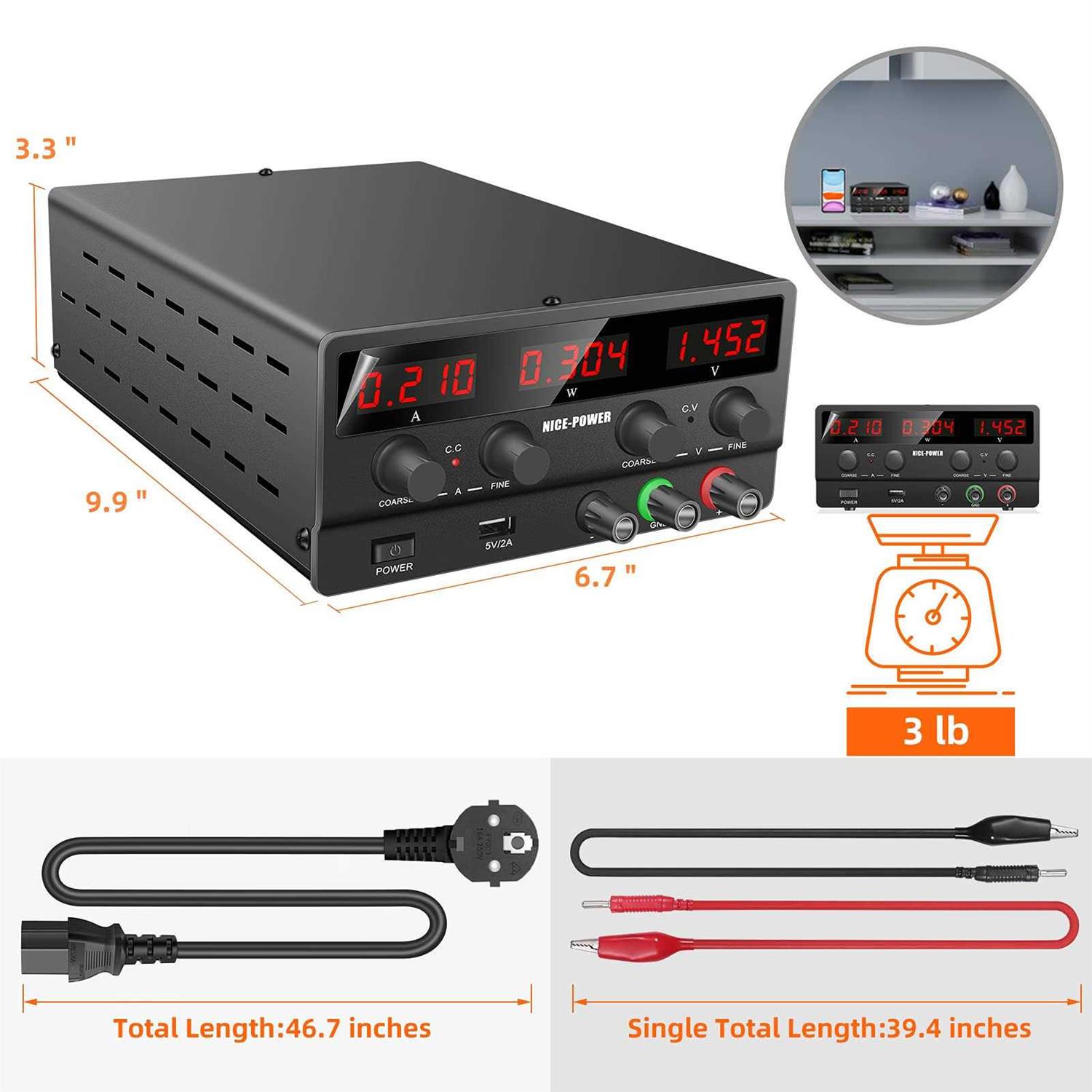 NICE-Power Adjustable DC Power Supply 30V Variable Switching Regulated High Precision 4-Digits LED Display USB Port Output & Input Power - Image 5