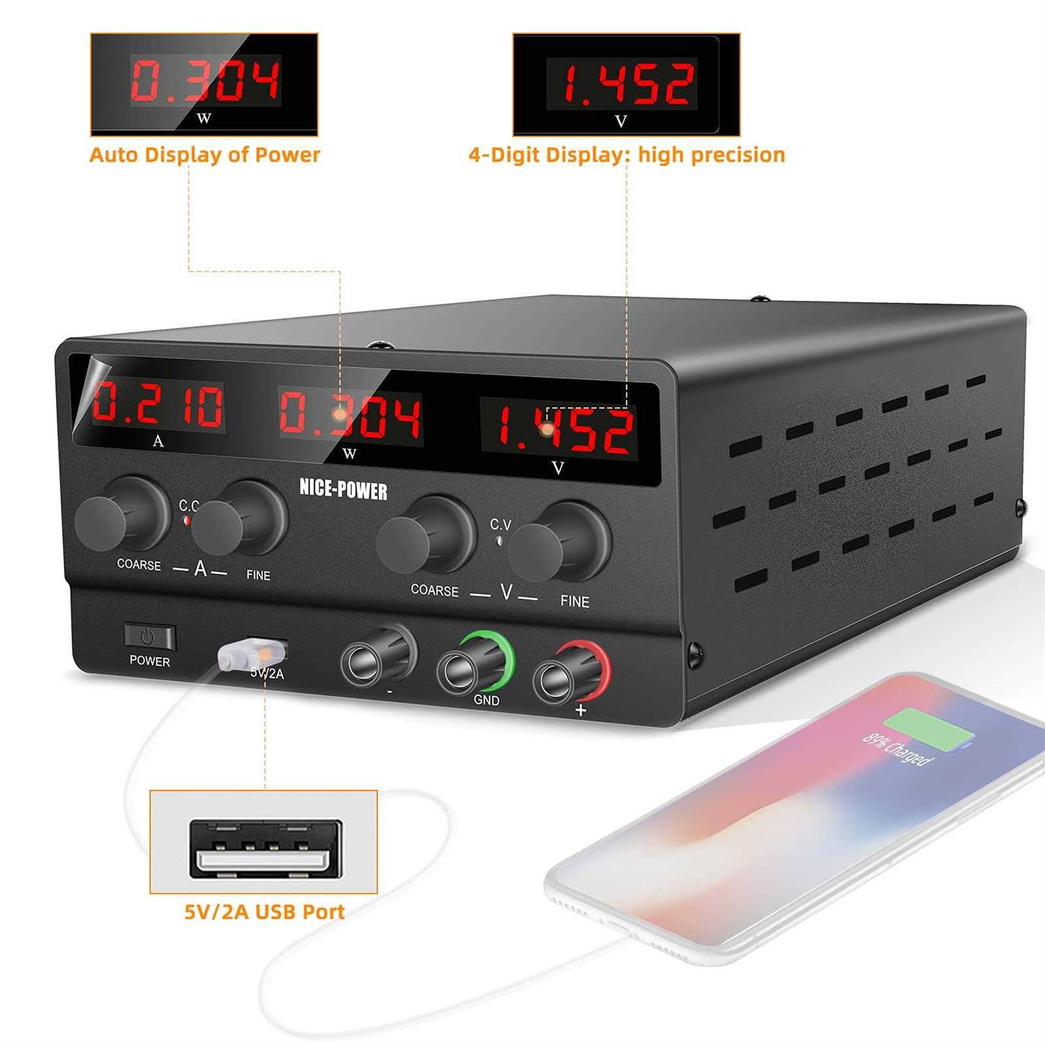 NICE-Power Adjustable DC Power Supply 30V Variable Switching Regulated High Precision 4-Digits LED Display USB Port Output & Input Power - Image 2