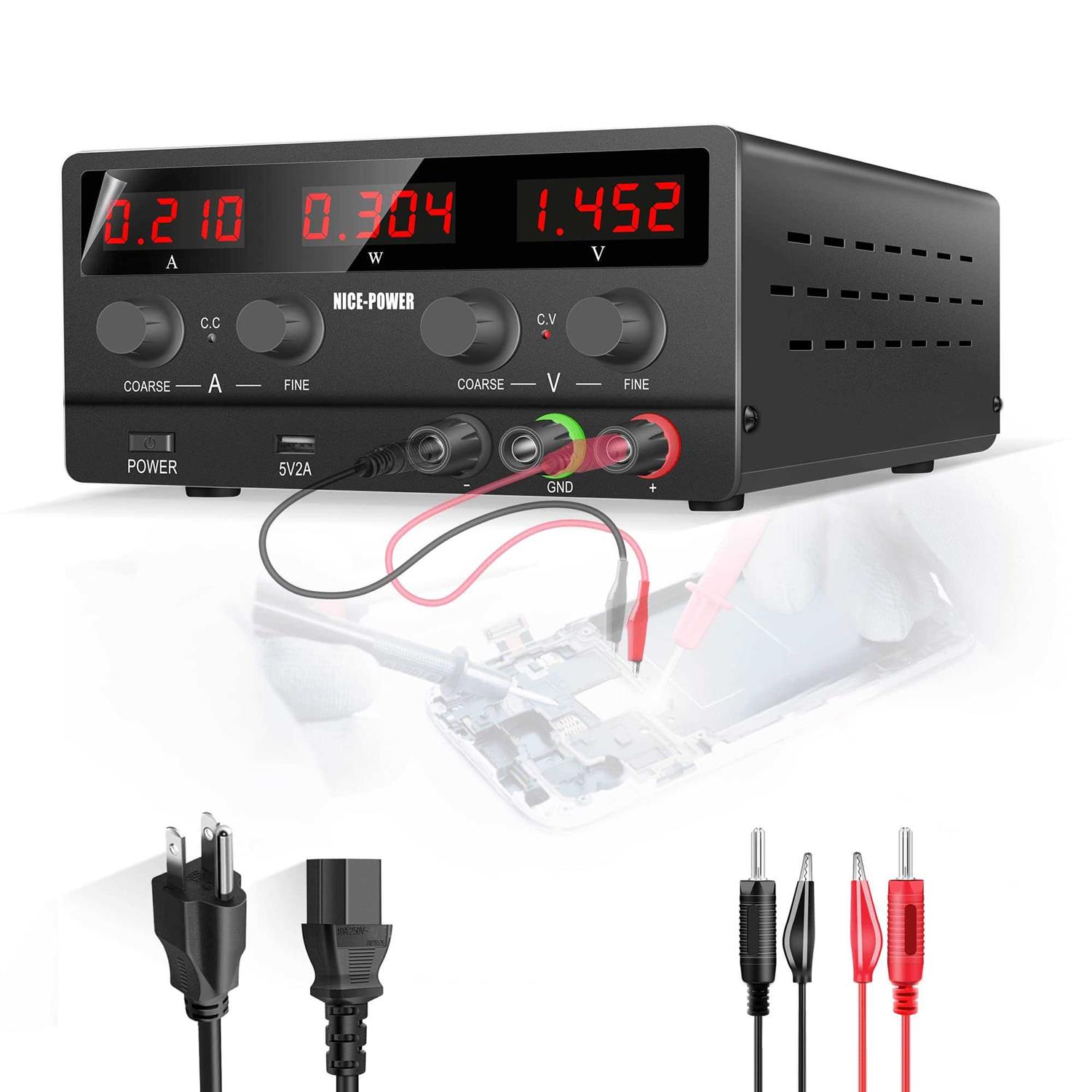 NICE-Power Adjustable DC Power Supply 30V Variable Switching Regulated High Precision 4-Digits LED Display USB Port Output & Input Power