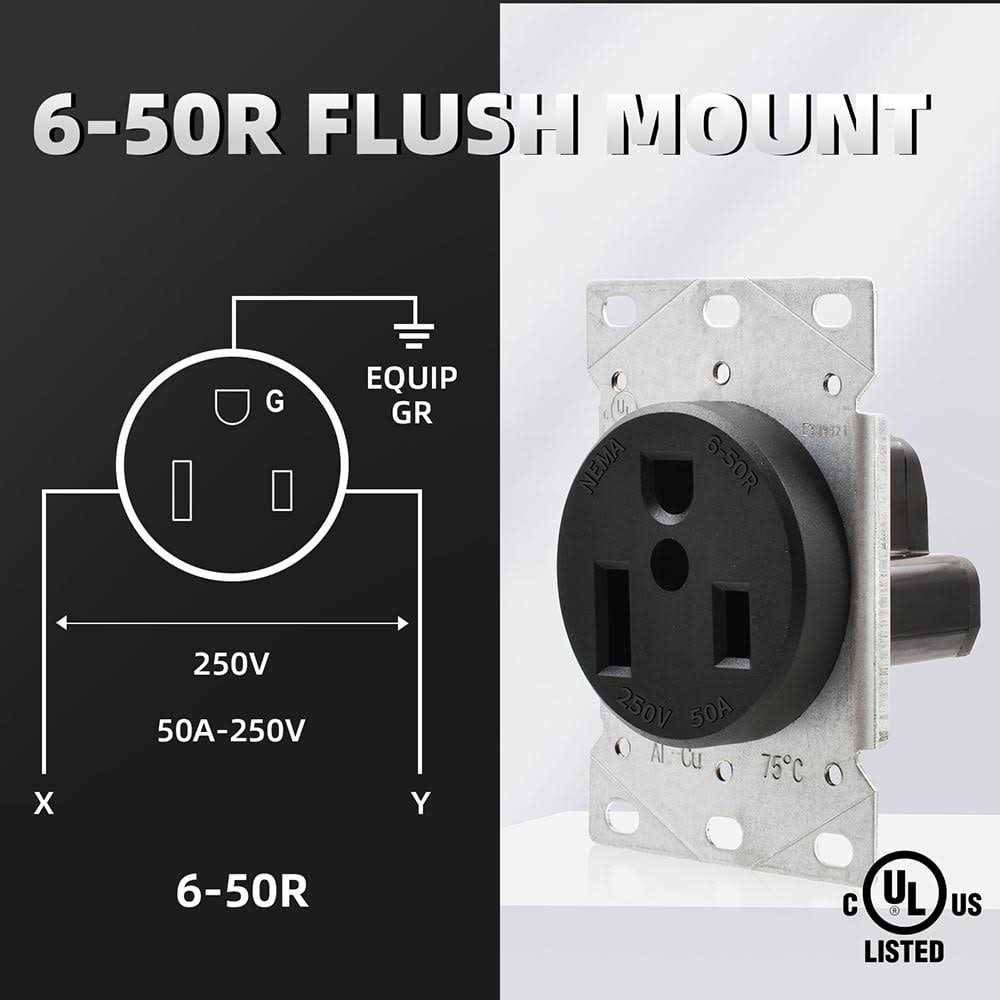 ELEGRP 50 Amp 250-Volt, NEMA 6-50R Flush Mount Power Outlet, Single Straight Blade Range and Dryer Outlet Grounding - Image 2
