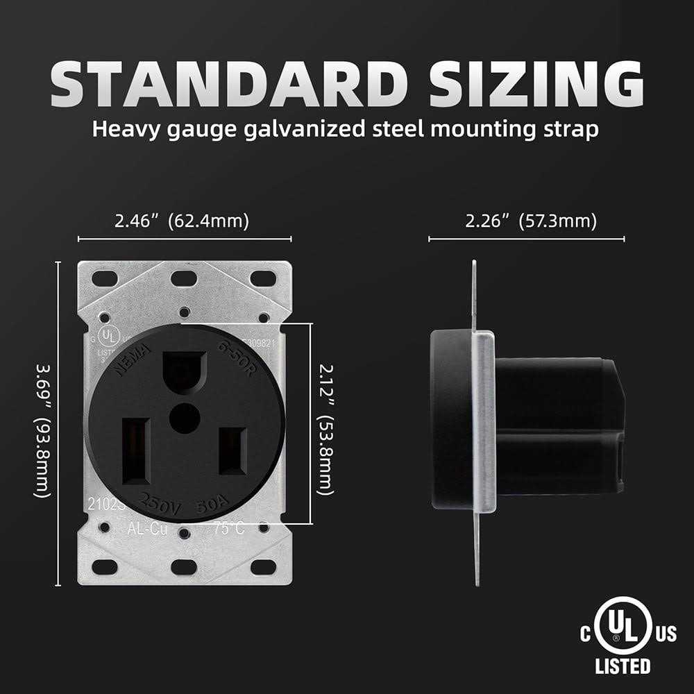 ELEGRP 50 Amp 250-Volt, NEMA 6-50R Flush Mount Power Outlet, Single Straight Blade Range and Dryer Outlet Grounding - Image 3
