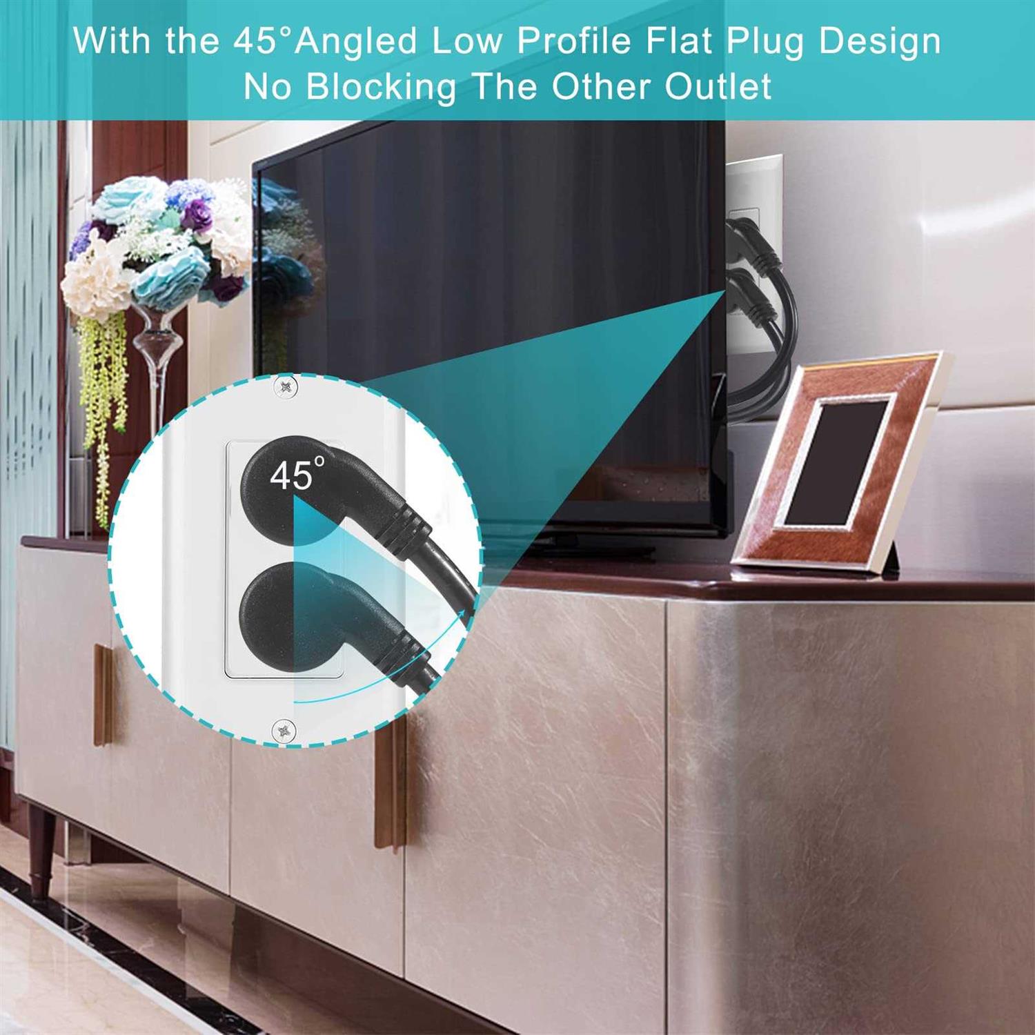 Short Flat Plug Extension Cord 1 Foot Low Profile Angle Flat Plug Ground 1FT Indoor AC Extension Cord Short 3 Prong Grounded Extension Cord SJT - Image 5