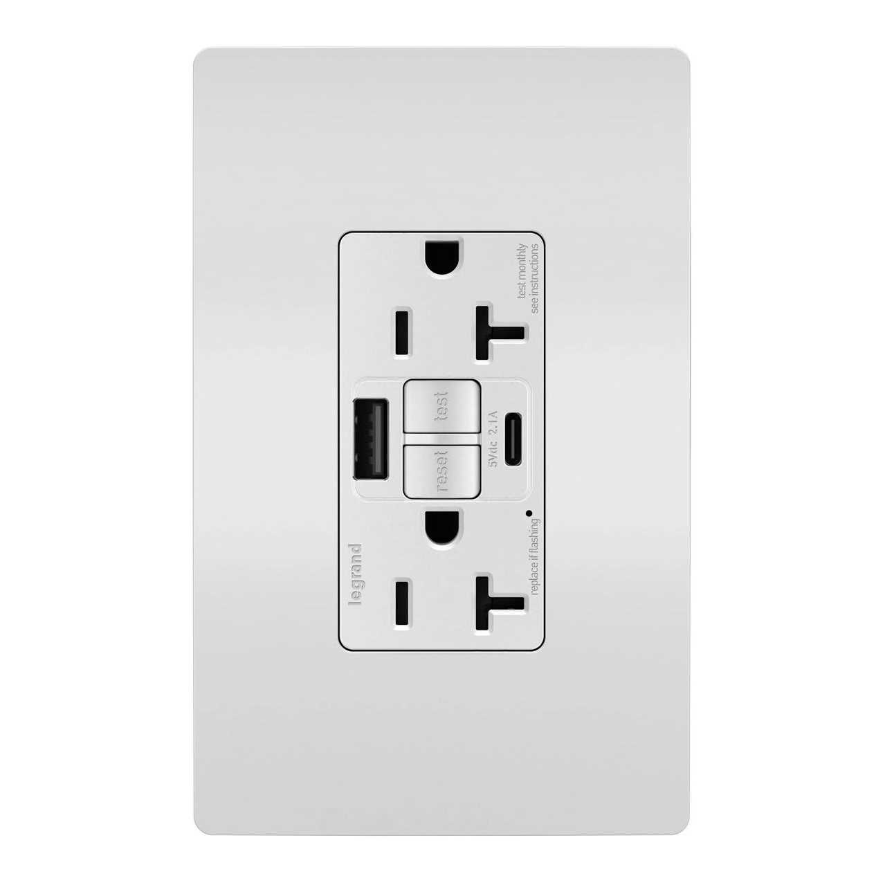 Legrand Radiant 2097TRUSBACW 20 Amp GFCI Outlet with USB Type A/C, Tamper-Resistant, Self-Test, White, 1 Count - Image 2