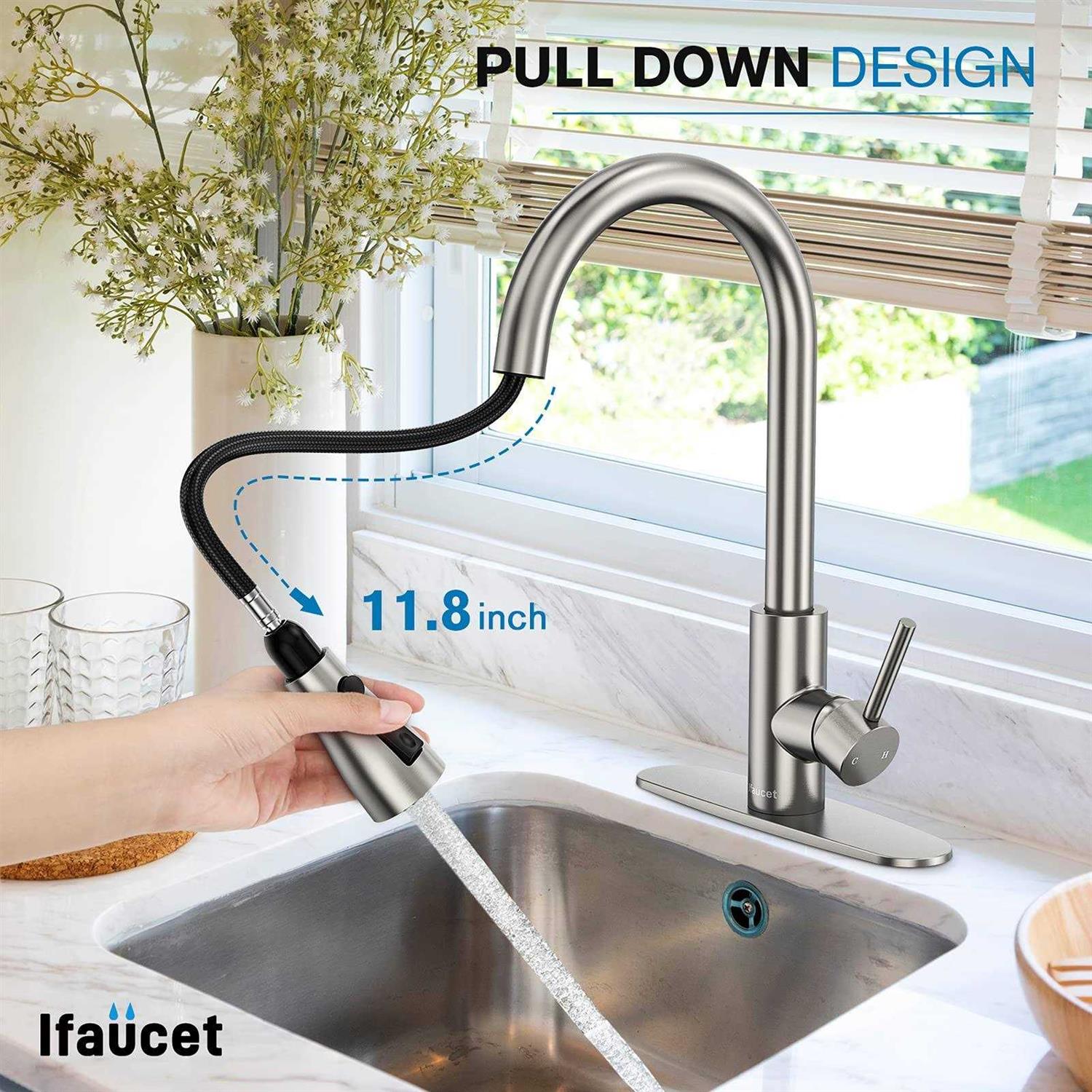 Kitchen Faucets Kitchen Faucet with Pull Down Sprayer High Arc Single Handle Kitchen Sink Faucet with Water Lines - Image 3